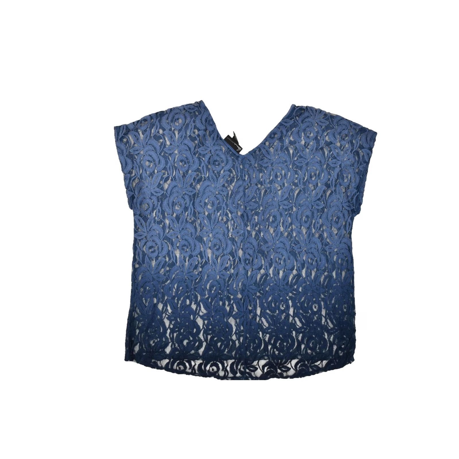 Vintage Lane Bryant Women's Plus Size 22/24 Blue Floral Lace V-Neck Short Sleeve Sheer Blouse Size 4XL / US 24-26 - 2 Thumbnail