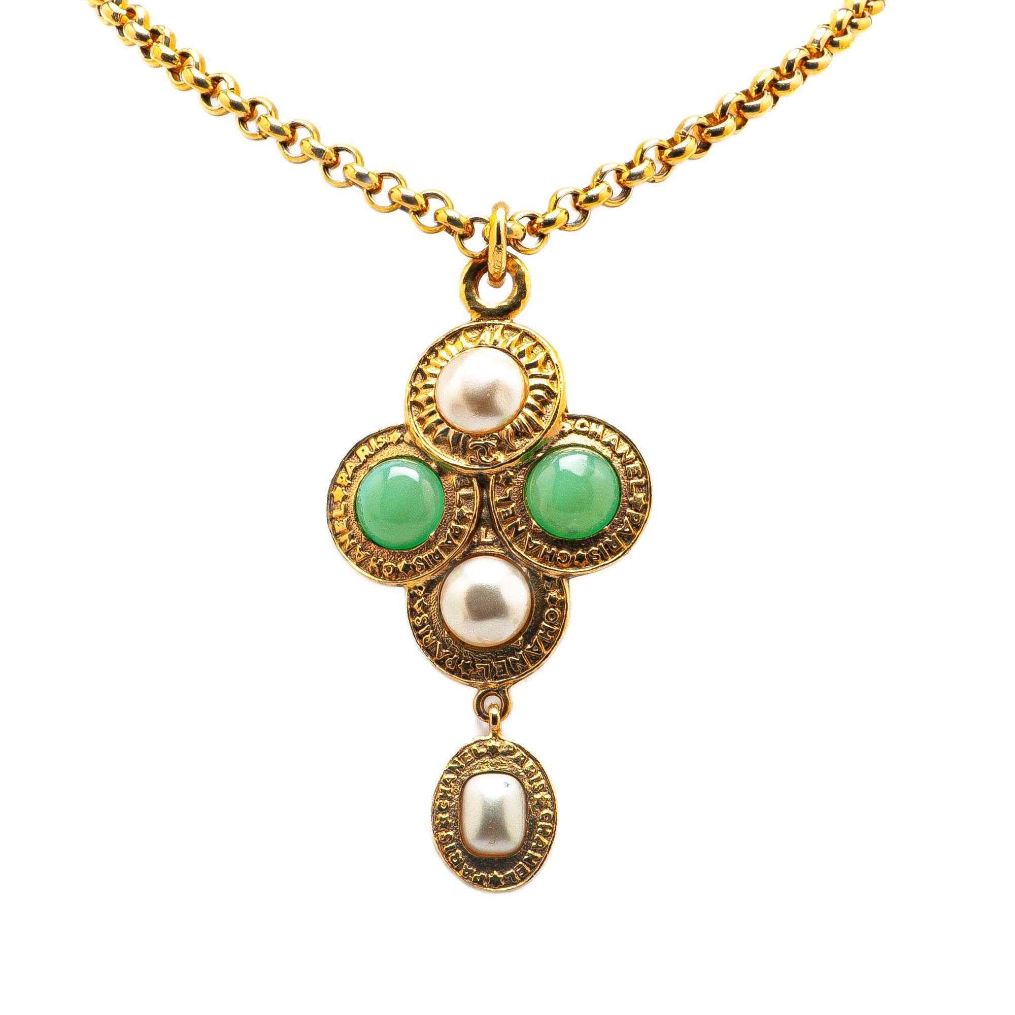 Chanel Gold Plated Gripoix and Faux Pearl Pendant Necklace Gold