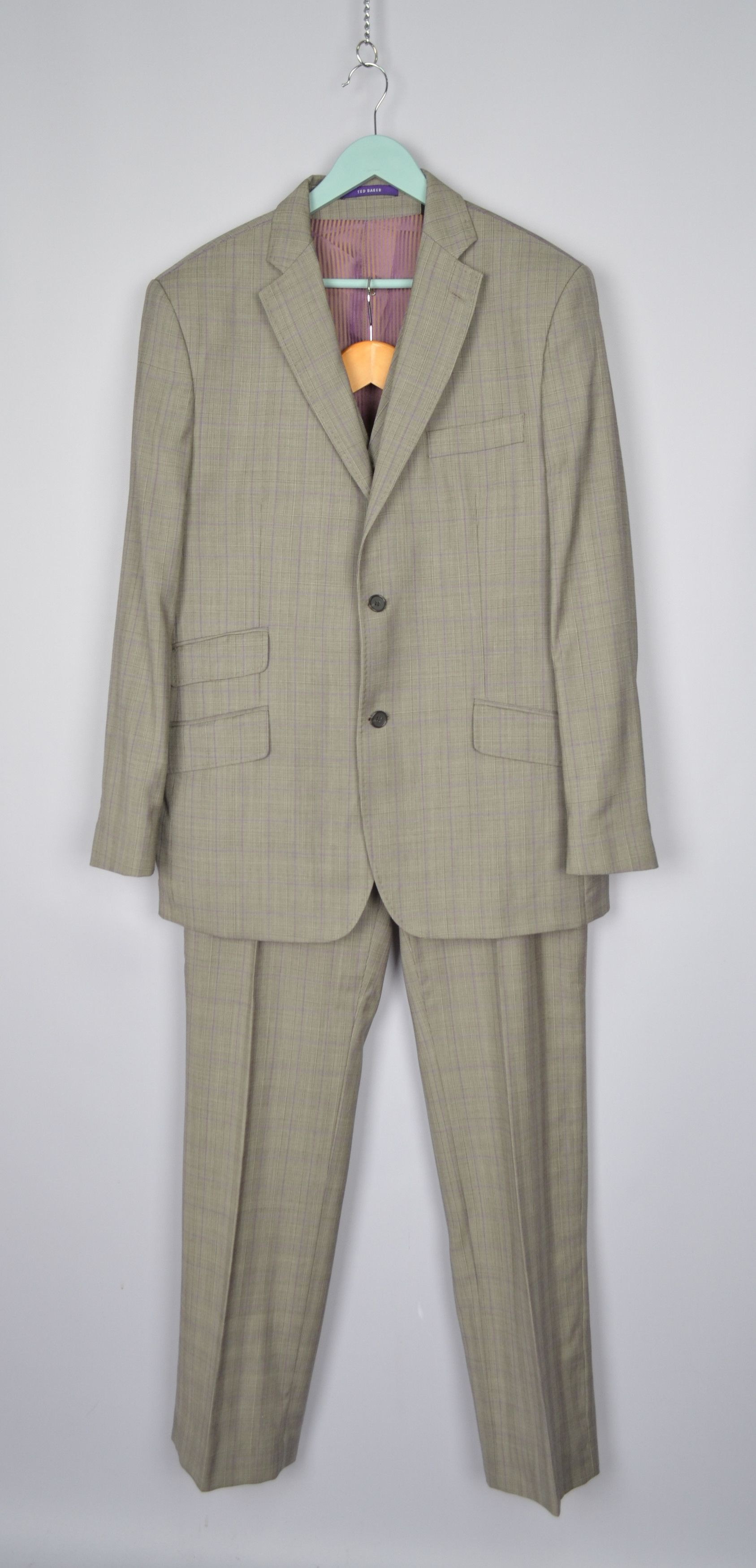 Designer × Ted Baker Ted Baker Endurance Striped Violet 3 Piece Wool Suit US 42 Size 42R - 13 Thumbnail