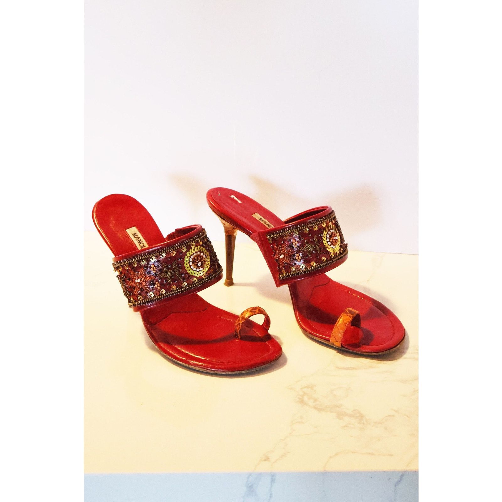 Manolo Blahnik Vintage Manolo Blahnik Red + Orange Snakeskin Rapis Sandal Size US 7.5 / IT 37.5 - 1 Thumbnail