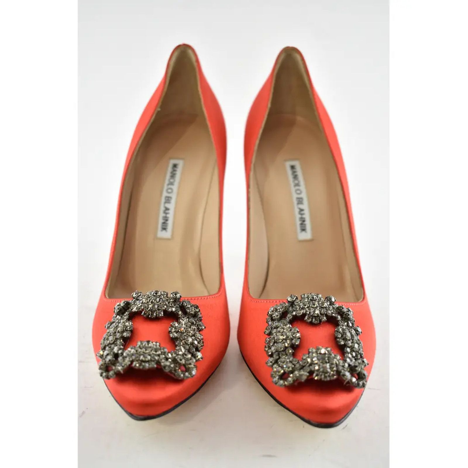 Manolo Blahnik Hangisi 105 Rosso Satin Crystal Jewel Buckle Heel Pump 36.5 Size US 6.5 / IT 36.5 - 5 Thumbnail
