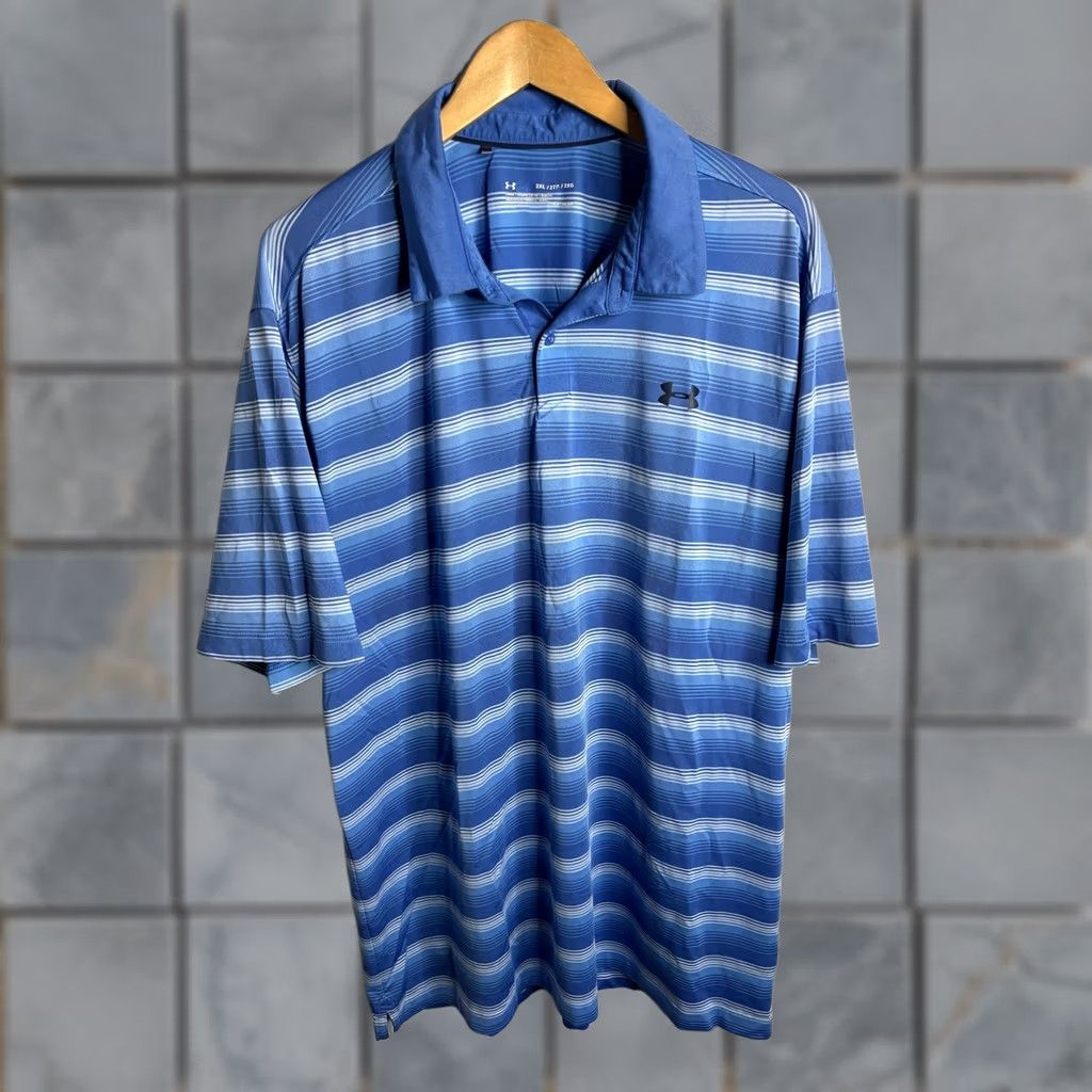Under Armour Under Armour Polo Shirt Mens 2XL Blue Stripe HeatGear Golf Performance Loose Fit Size US XXL / EU 58 / 5 - 1 Thumbnail