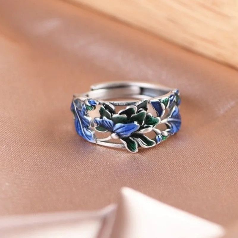 Jewelry Blue Green Enamel Craft Peony Flower Rings` Size ONE SIZE - 4 Thumbnail