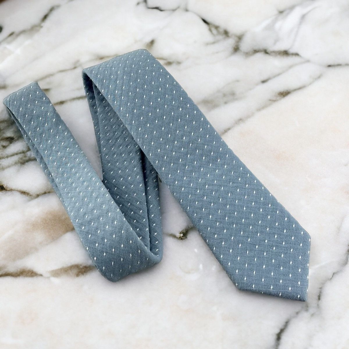 Other Men’s Dusty Blue Slim Necktie w/ Embroidered Dots Size ONE SIZE - 2 Thumbnail