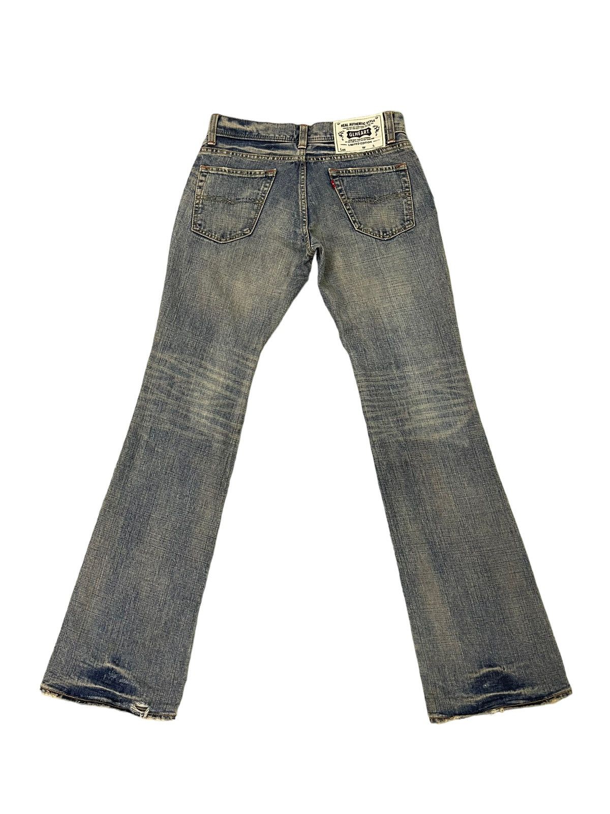 Japanese Brand Flare Jeans GL Heart Faded Distress Boot Cut 7🟦8 Size US 31 - 11 Thumbnail