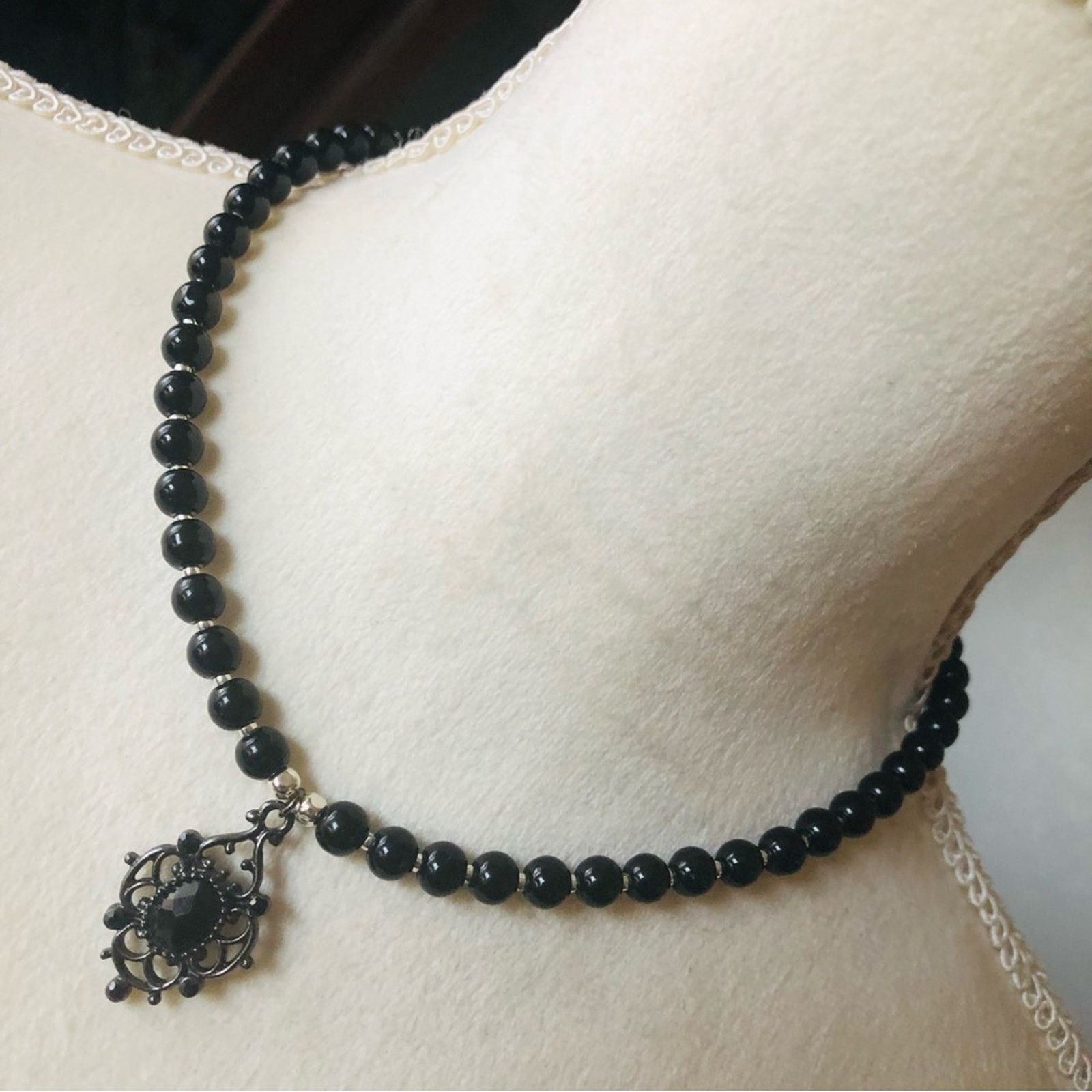 Handmade Handcrafted repurpose black glass crystal Pearl necklace Size ONE SIZE - 1 Thumbnail