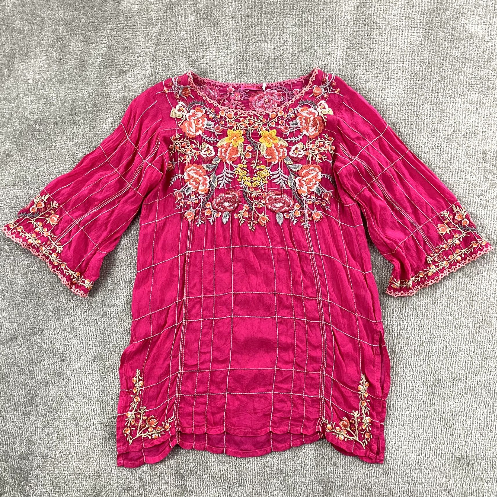 Johnny Was Johnny Was Blouse Womens XS Beth Tunic Pink Floral Embroidered Rayon Cupra Size XS / US 0-2 / IT 36-38 - 2 Thumbnail