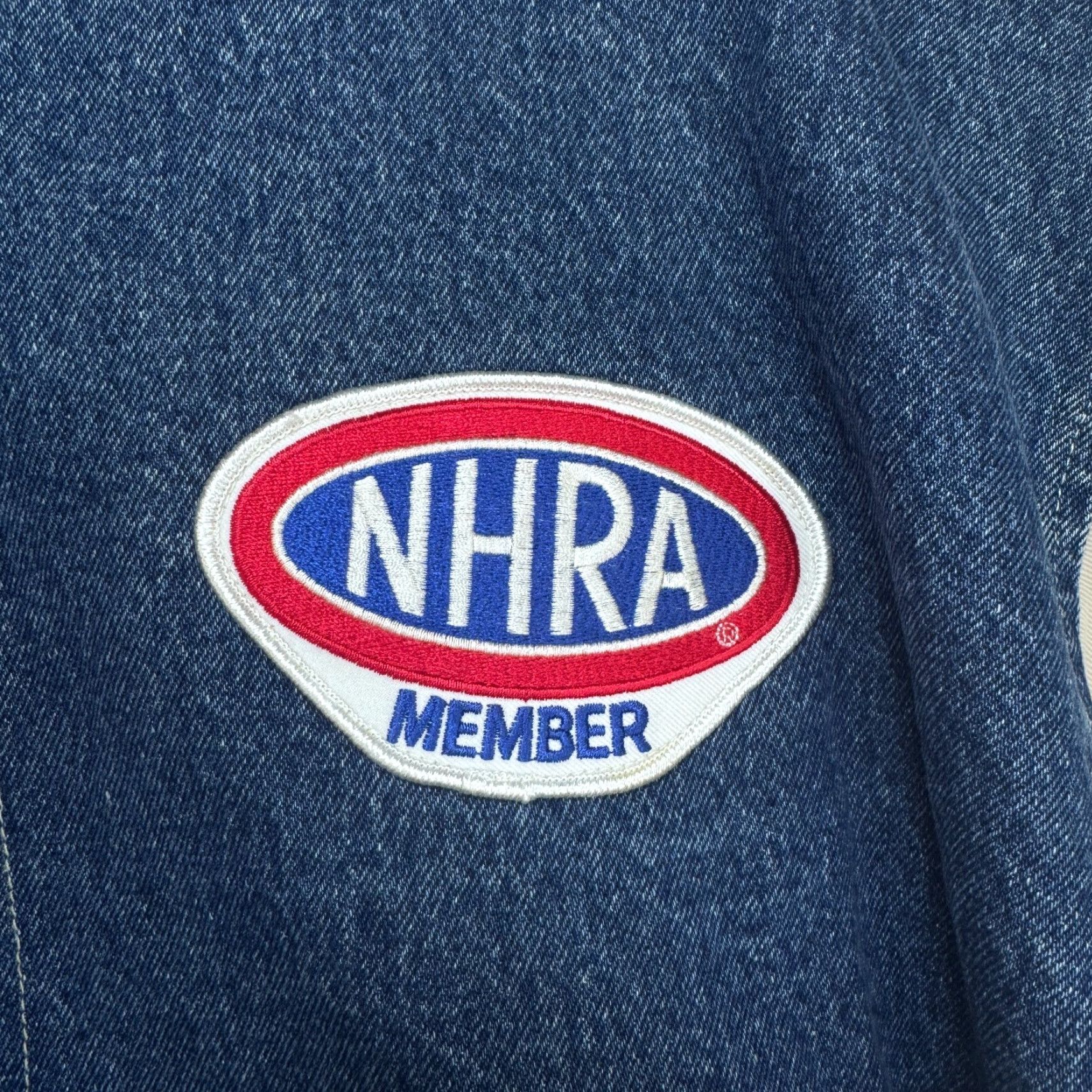 Denime VINTAGE NHRA Hartwell ViaSport Denim Varsity Jacket Blue Beige Men's Large Regular Size Mid-Length Jacket Size US L / EU 52-54 / 3 - 2 Thumbnail
