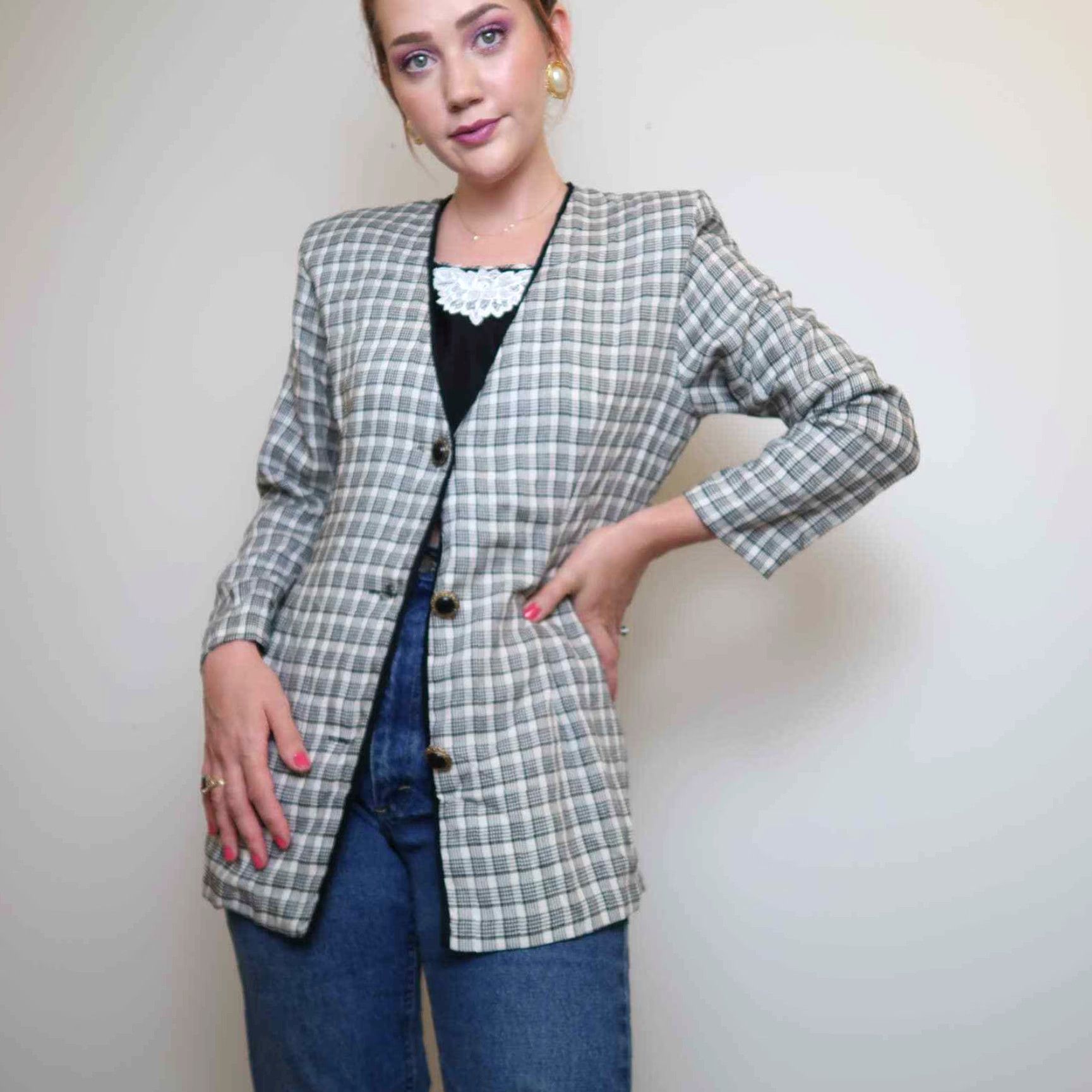 Vintage VINTAGE 90s Sketch Blazer Shirt Cream Plaid Lace Dicky M Mens Women? Size M / US 6-8 / IT 42-44 - 5 Thumbnail