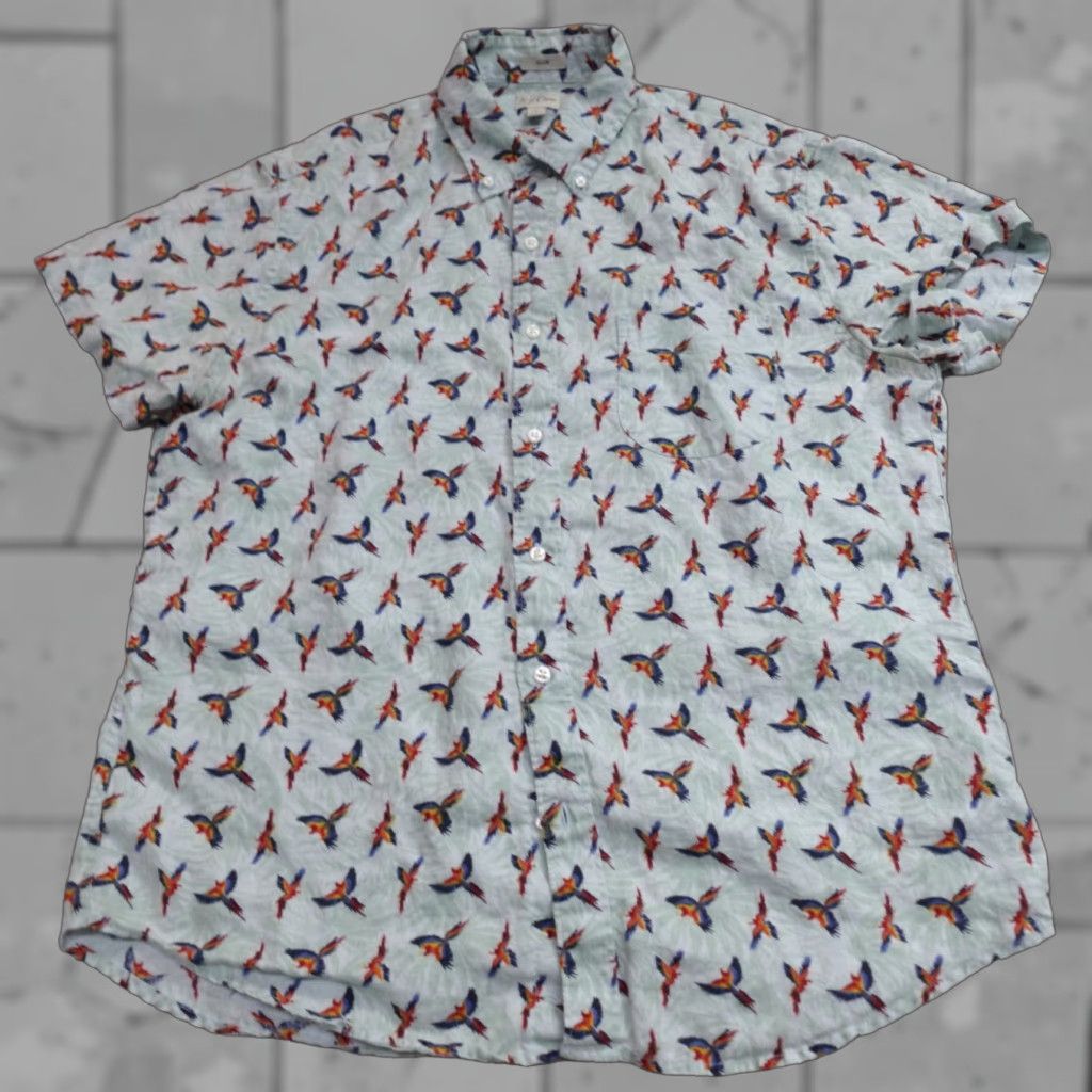 J.Crew J.Crew Shirt Large Blue Linen All Over Parrots Slim Button-Up Short Sleeve Mens 100% Linen Blue Geometric Pattern Regular Size L Size US L / EU 52-54 / 3 - 1 Thumbnail