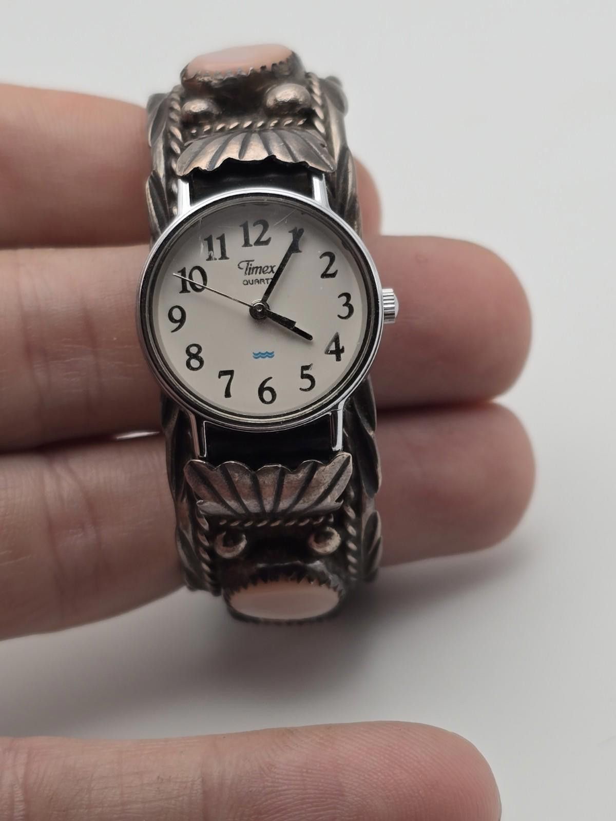 MOP Cuff Watch Bracelet Sterling Silver Floral Leaf Navajo