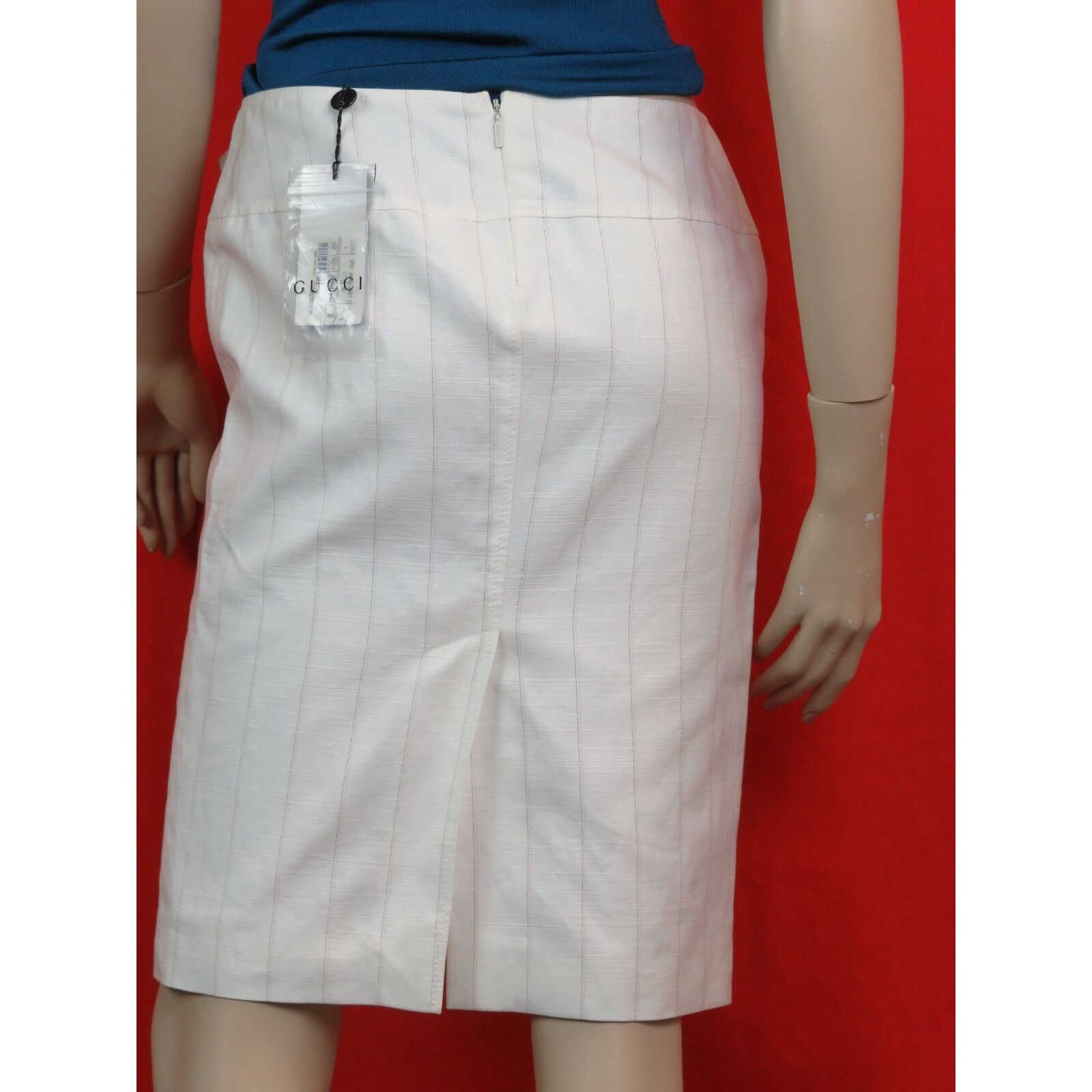 Gucci GUCCI 1702 WHITE LINEN STRIPE BELTED BUCKLE SKIRT 46 $695 IT Size 32" / US 10 / IT 46 - 5 Thumbnail