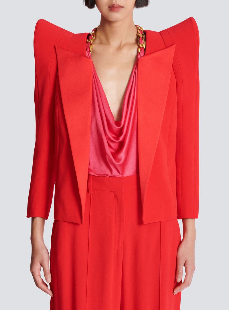Balmain o1s1wg110526 Cropped Crepe Jacket in Red Size M / US 6-8 / IT 42-44 - 3 Thumbnail
