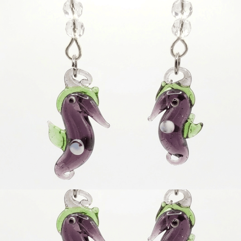 Handmade Glass Seahorse Earrings Artisan Clear Purple Green Sea Size ONE SIZE - 3 Thumbnail