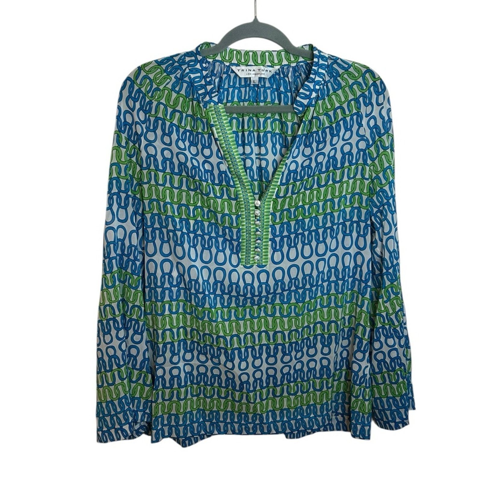 Trina Turk Trina Turk Blue and Green Silk Patterned Blouse Size L / US 10 / IT 46 - 1 Thumbnail