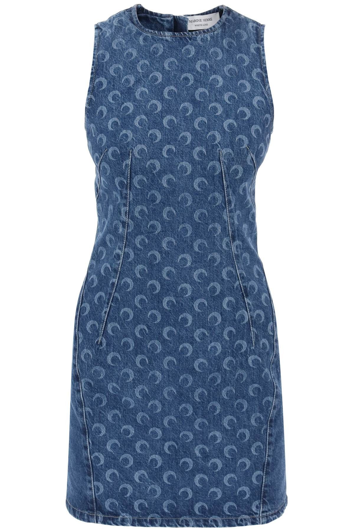 image of Marine Serre "mini All Over Moon Regenerated Denim Dress in Blue, Women's (Size Small)