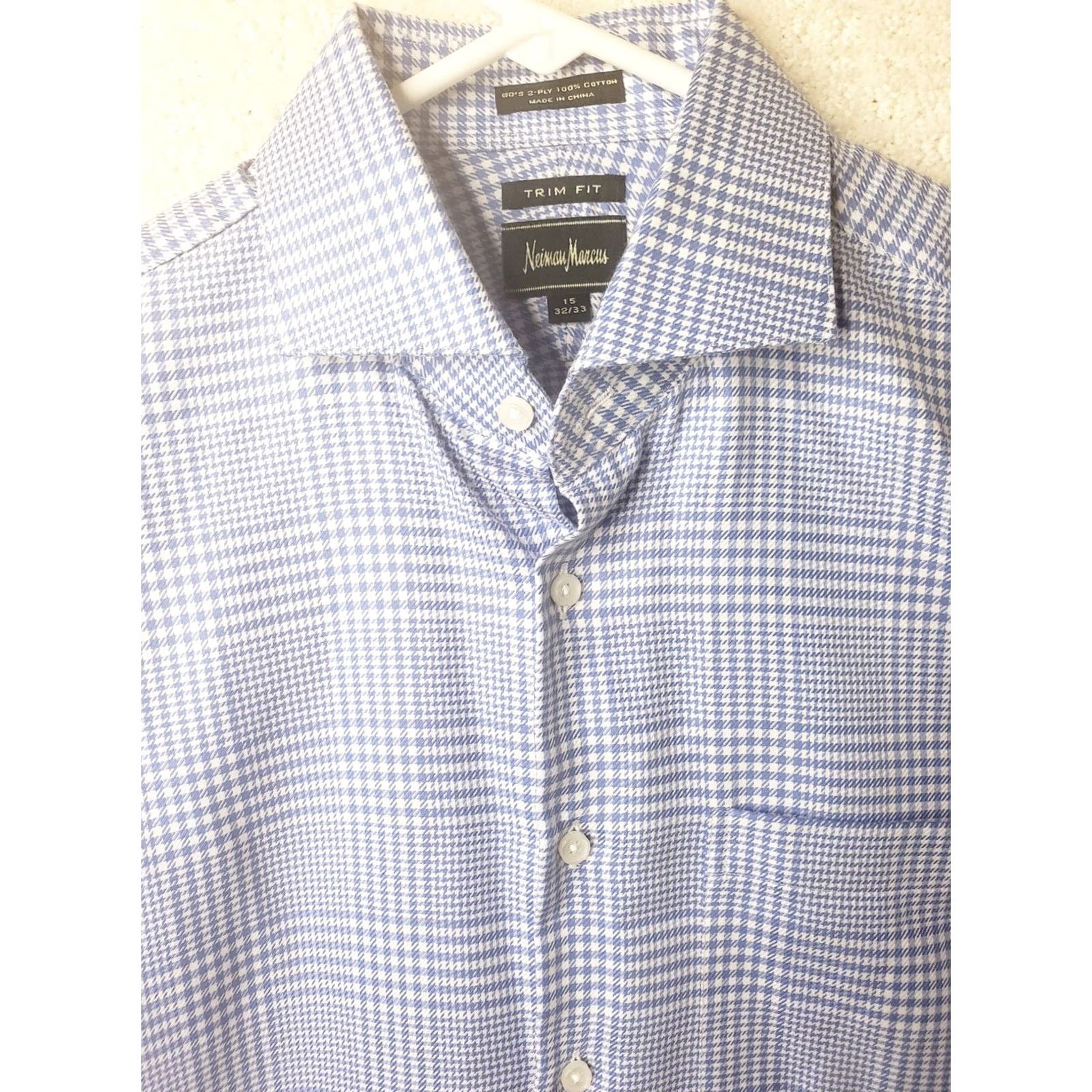 Neiman Marcus Neiman Marcus Shirt Mens 15 x 32/33 Light Blue White Plaid Trim Fit Long Sleeve Button Up 2Ply Dress Shirt Mens Shirts Size US M / EU 48-50 / 2 - 4 Thumbnail