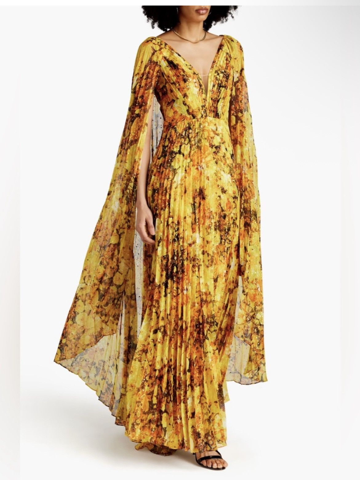 Marchesa MARCHESA NOTTE Cape-effect pleated floral-print chiffon Gown Size S / US 4 / IT 40 - 2 Thumbnail