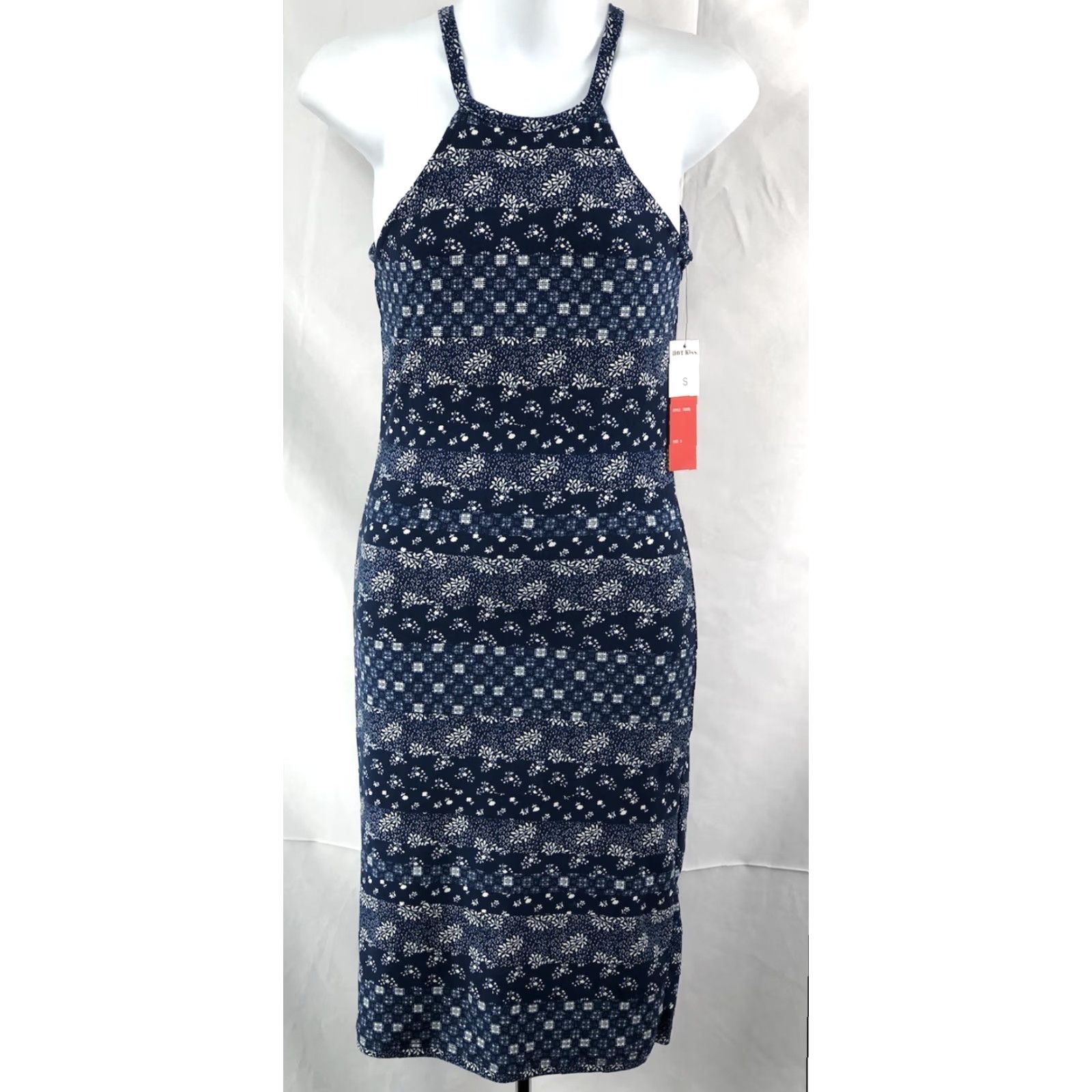 Vintage NWT Hot Kiss Tank Halter Dress S Blue Geo Sleeveless Sheath Hippie Boho Beach Size S / US 4 / IT 40 - 6 Thumbnail