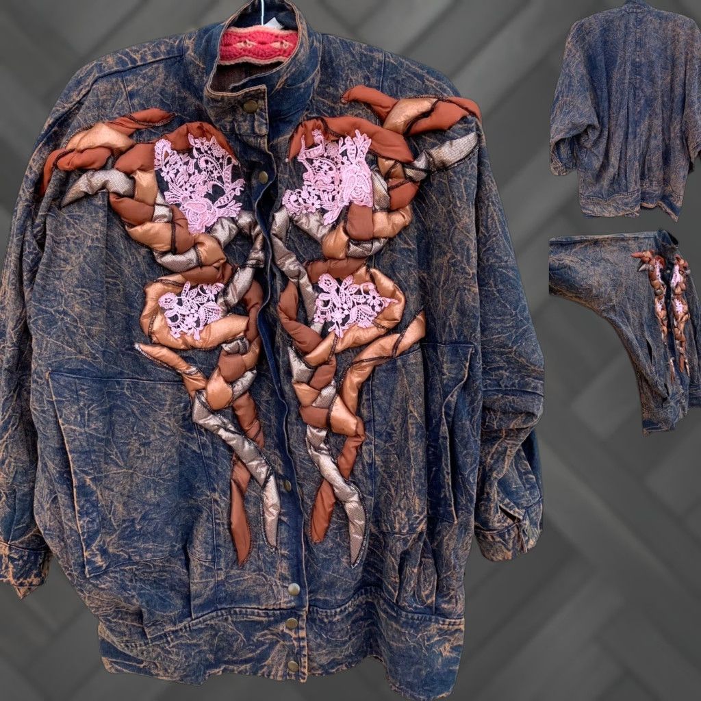 VINTAGE Varod 205 for Shanna Denim Jacket Oversized Art 80s 90s Multicolor Cotton Dolman Sleeves Women M Jacket