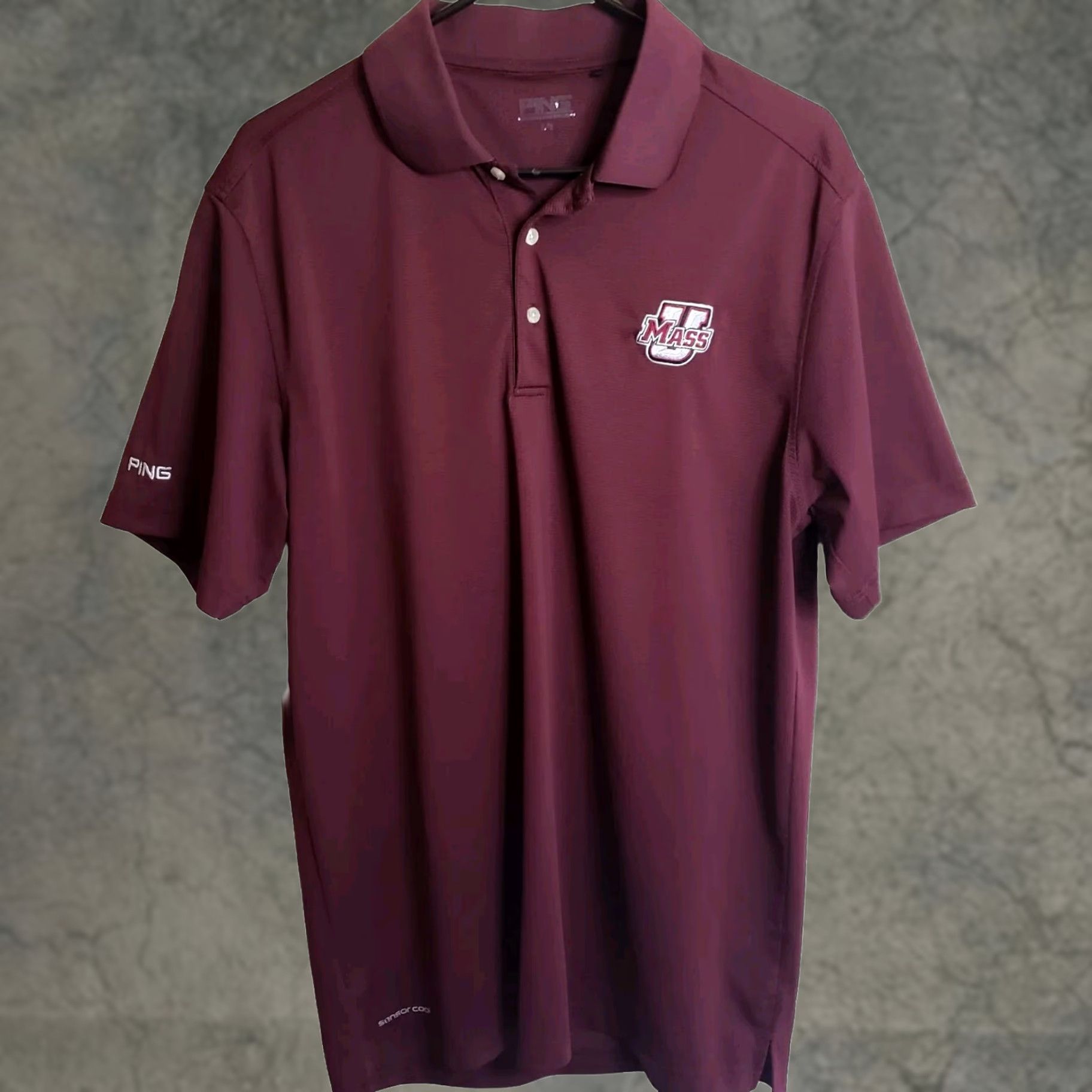 Vintage Ping Sensor Cool Polo Golf Shirt L Men Garnet Maroon U MASS Logo on Chest Short Sleeve Polyester Spandex Breathable Quick Dry Golf Size US L / EU 52-54 / 3 - 1 Thumbnail