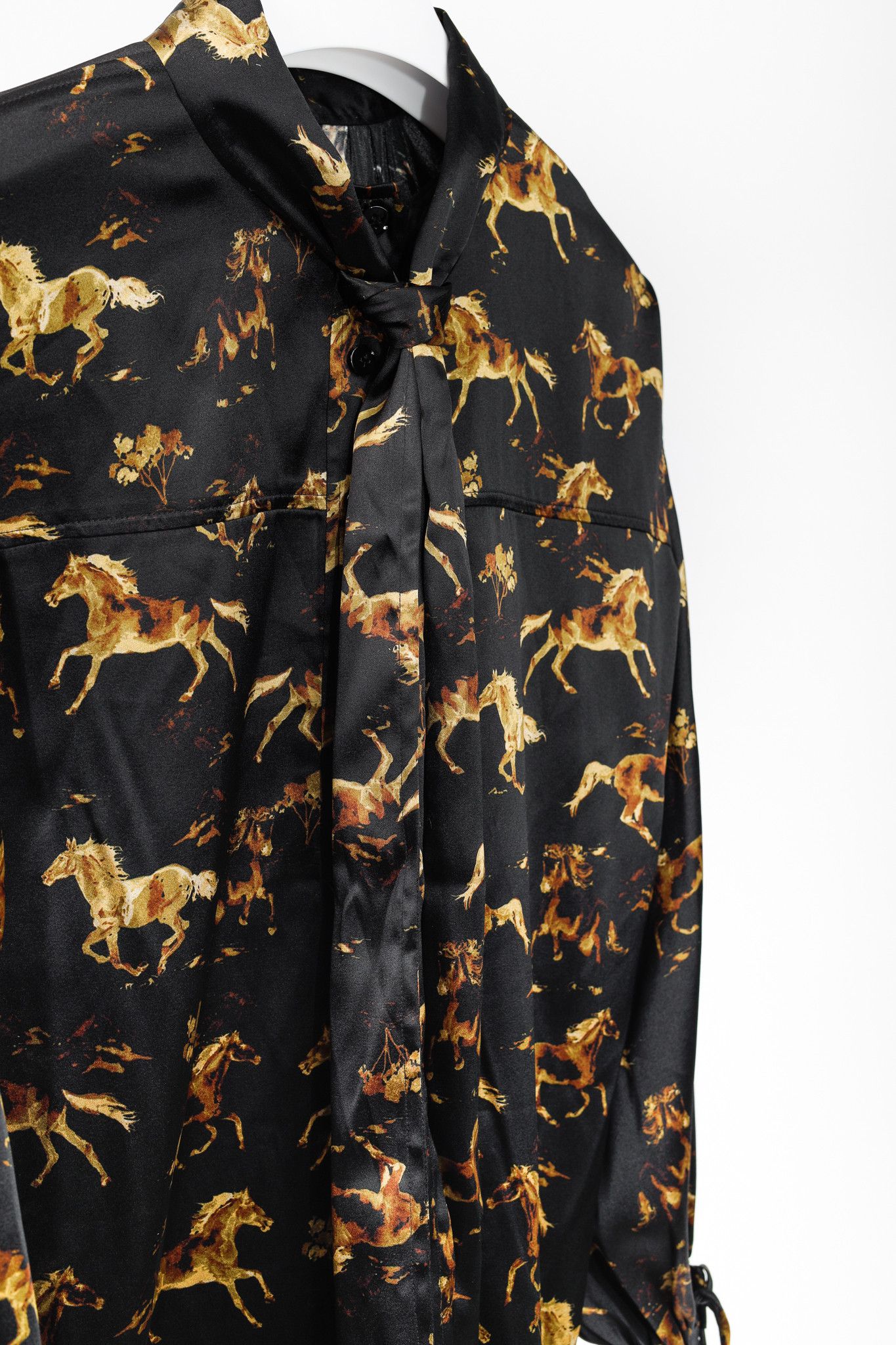Ganni Ganni Black Silk Satin Horse-Print Tie-Neck Blouse Size XS / US 0-2 / IT 36-38 - 6 Thumbnail