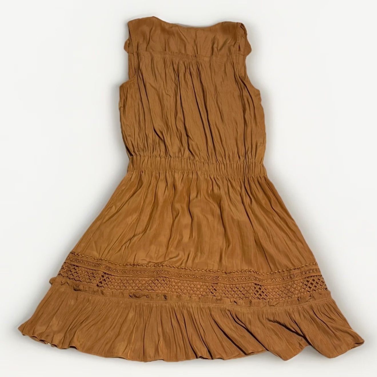 Ramy Brook Ramy Brook Dress CARA Mini Silky Satin Light Cognac Brown M Sleeveless V-Neck Ruched Embroidered Crochet A-Line Shift Floral Lined Size M / US 6-8 / IT 42-44 - 6 Thumbnail