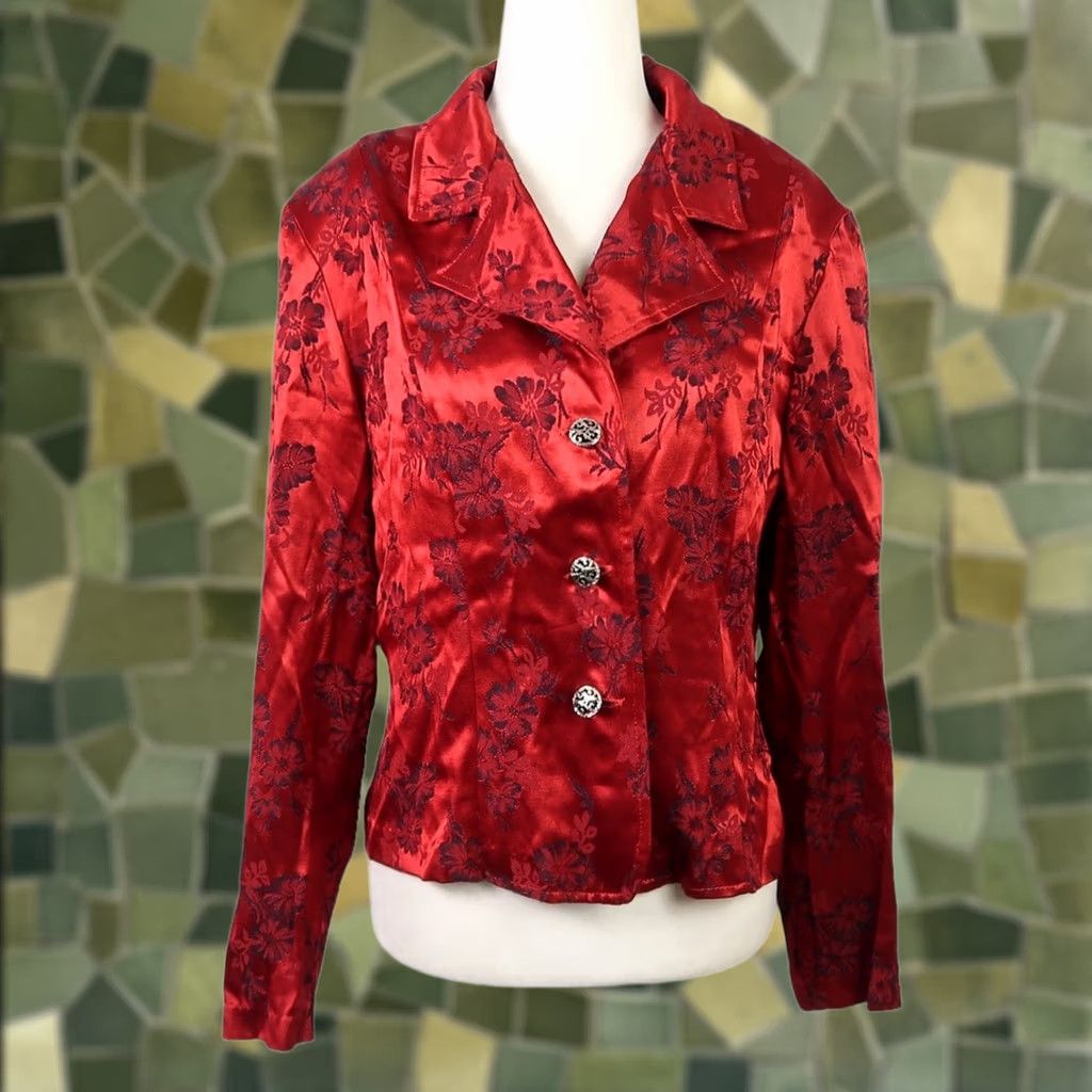 Vintage VINTAGE 90s Dawn Joy Blazer Jacket Floral Satin Red Women's 12 Short Button Front Deep Red Satin 21" Measurements 90s Theme Girls Womens Size XL / US 12-14 / IT 48-50 - 1 Thumbnail