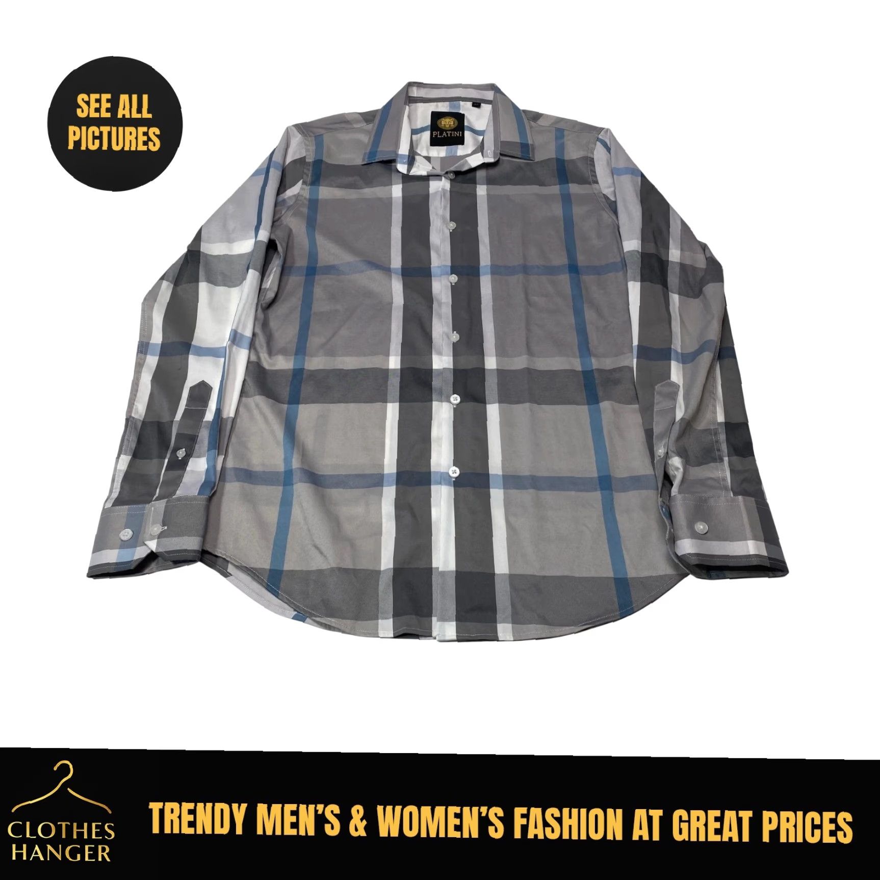 Cougar Platini Mens Shirt Button-Up Long Sleeve Plaid Gray Blue Cougar Button Up Shirt M Size US M / EU 48-50 / 2 - 2 Thumbnail