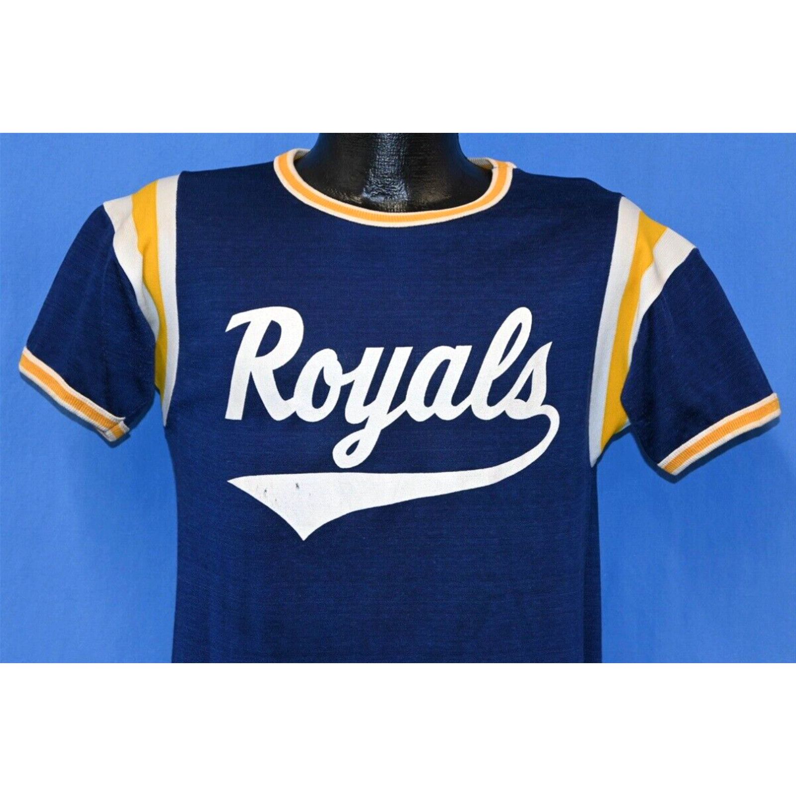 Image of Vintage VTG 70's Royals Castelli 4 Flocked Blue Gold Rayon Cotton Jersey T-Shirt S in White (Size S