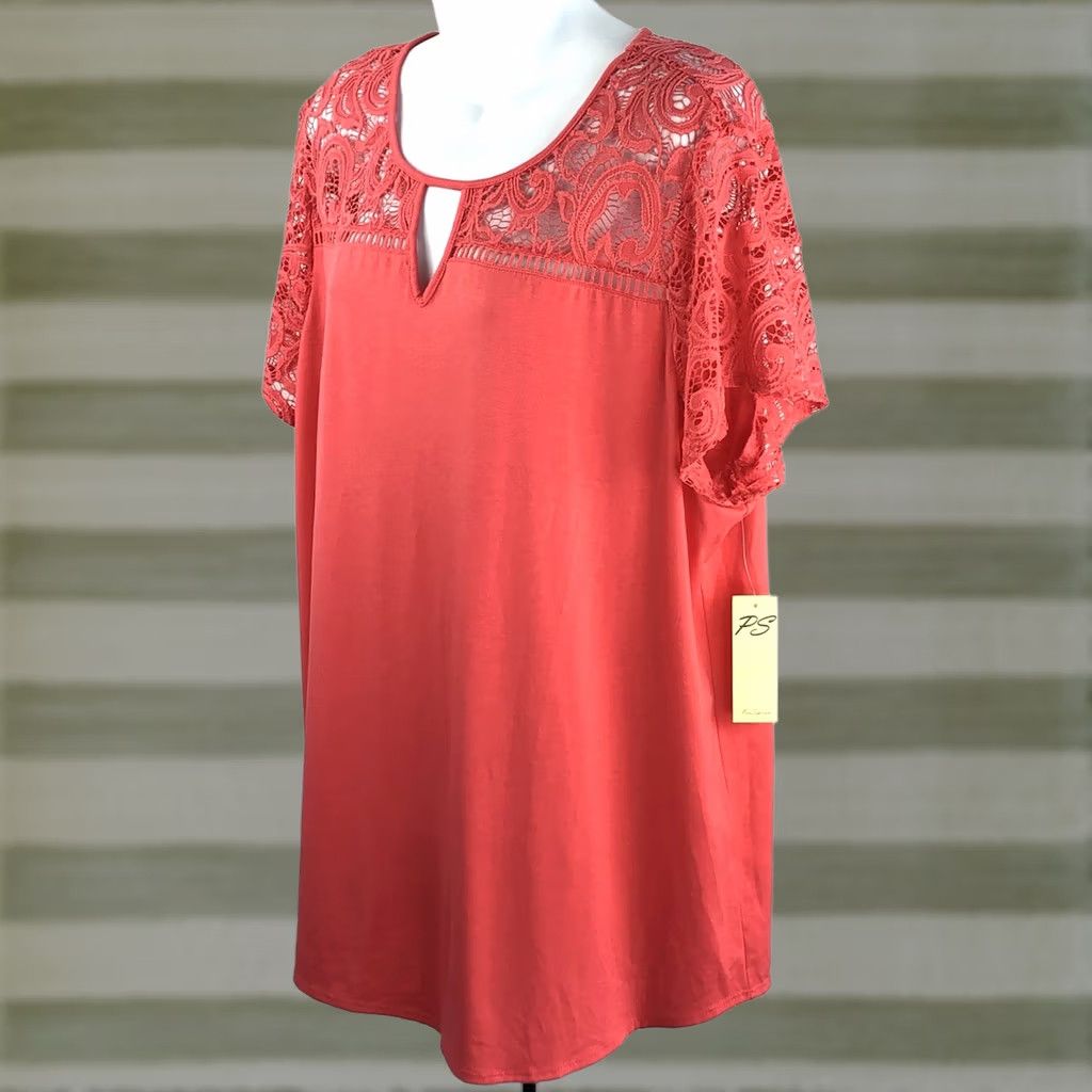 Vintage Per Seption Blouse Shirt Coral Short Sleeve Keyhole Neck 3X Lace Knit Polyester Blend Women’s NWT Size XXL / US 16-18 / IT 52-54 - 1 Thumbnail