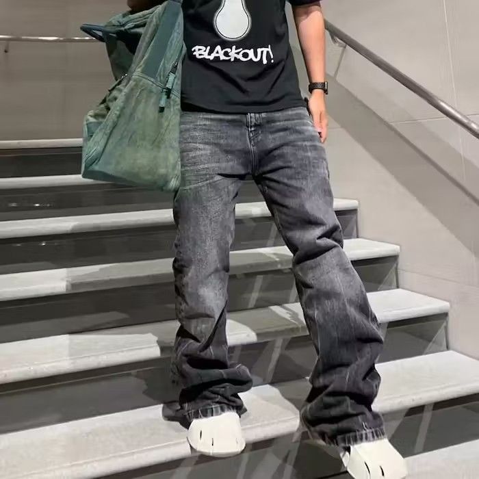 image of Distressed Denim Washed Vintage Style Straight Wide Leg Denim Pants in Black, Men's (Size 32)