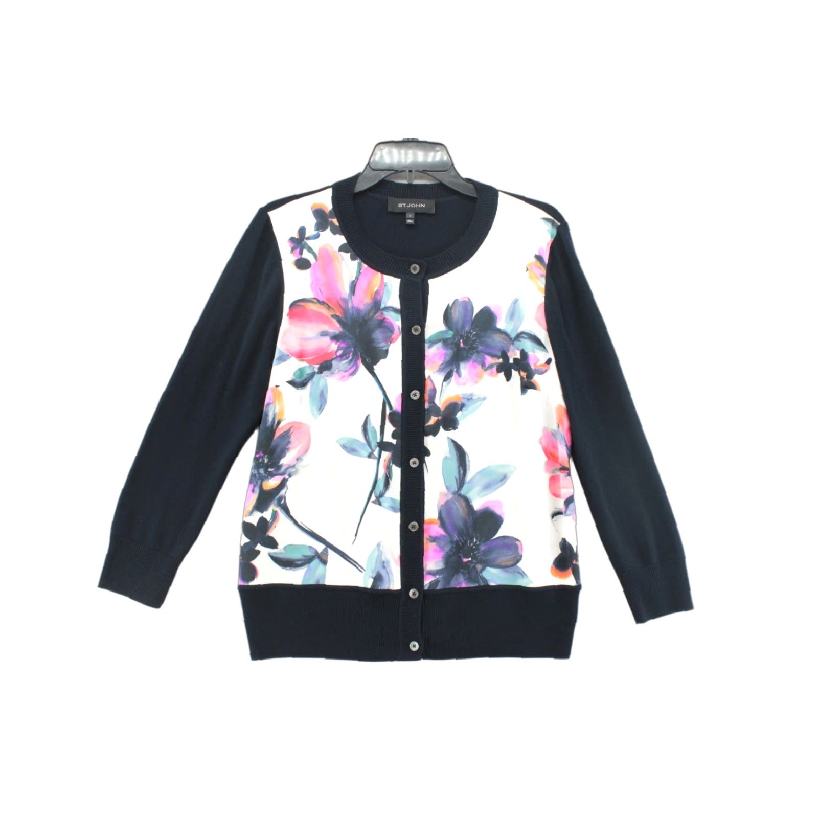 St. John St John cardigan Small Floral watercolor printed silk panel wool cashmere blend Cardigan Womens Size S / US 4 / IT 40 - 1 Thumbnail