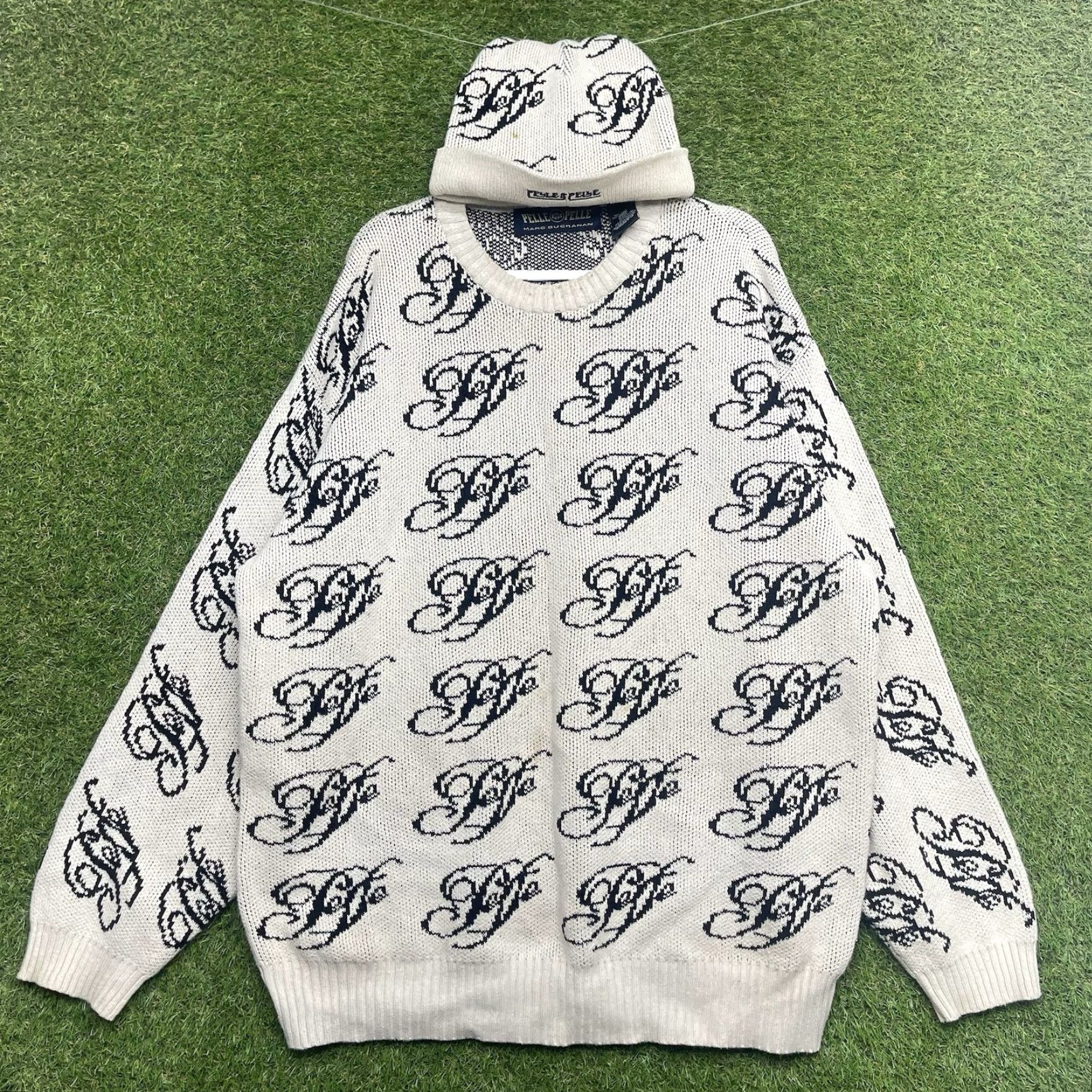 Pelle Pelle VINTAGE Pelle Pelle Knit Sweater Beanie Set Mens 2XL Logo Hip Hop 90s Beige Pullover Crew Neck Winter Casual Mens Size US XXL / EU 58 / 5 - 2 Thumbnail