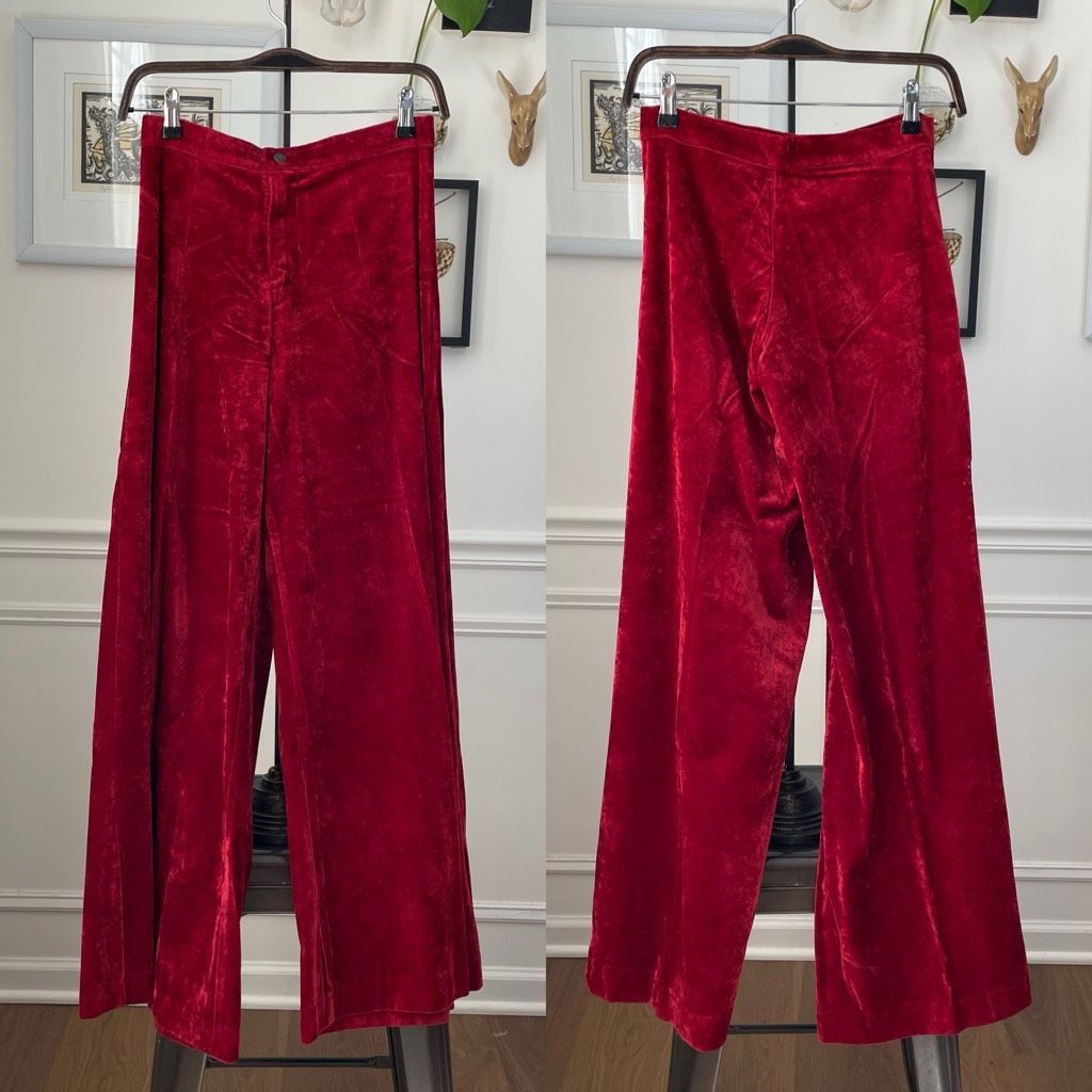 Vintage Vintage 70s Red Velveteen Extreme Wide Leg Palazzo Pants XS Size 25" / US 0 / IT 36 - 1 Thumbnail