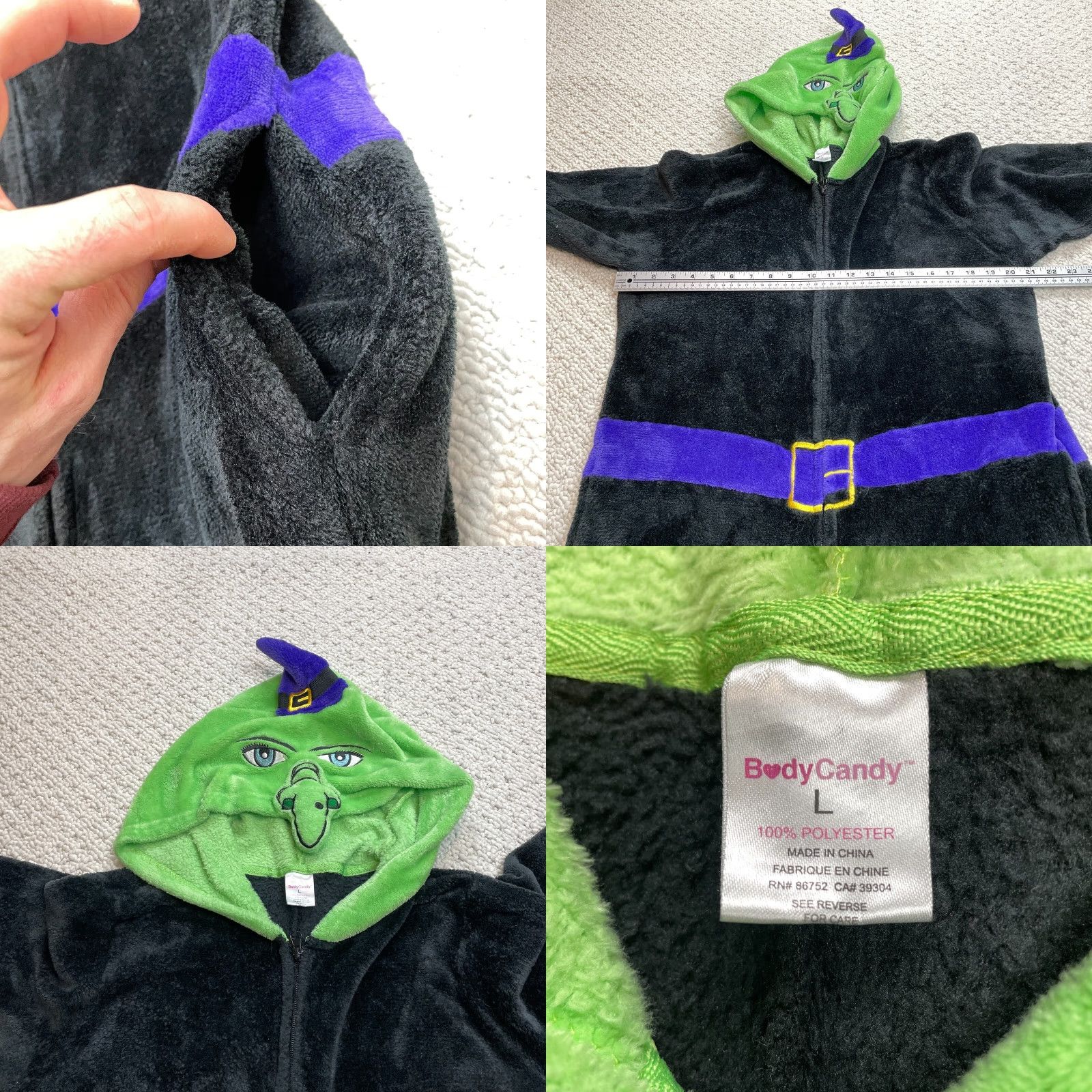 Vintage Body Candy One Piece Hooded Pajama Plush Character Body Candy Black Witch Costume Large Size L Womens Halloween Hooded One Piece Pattern Solid Zipper Size ONE SIZE - 8 Thumbnail