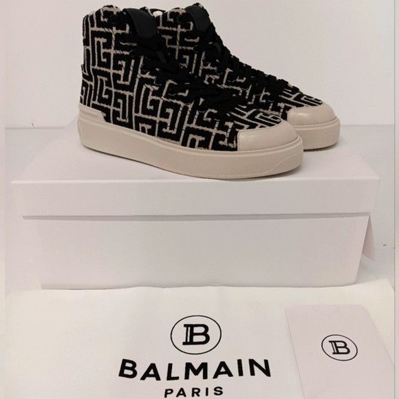 Balmain Balmain B-Court Bicolor Monogram Jacquard High-Top Sneakers Size US 7 / IT 37 - 1 Thumbnail