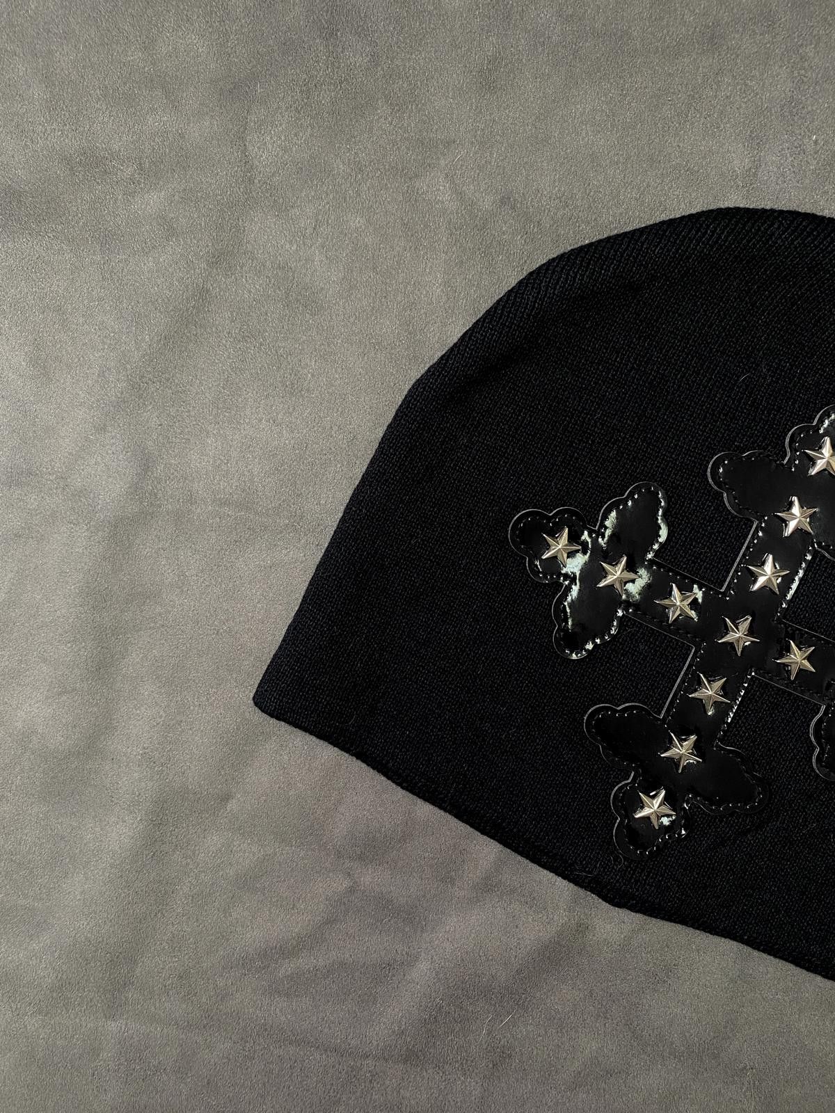 Japanese Brand Worship Cross Leather Patch No Cuff Knit Beanie Black Hat OS Size ONE SIZE - 3 Thumbnail