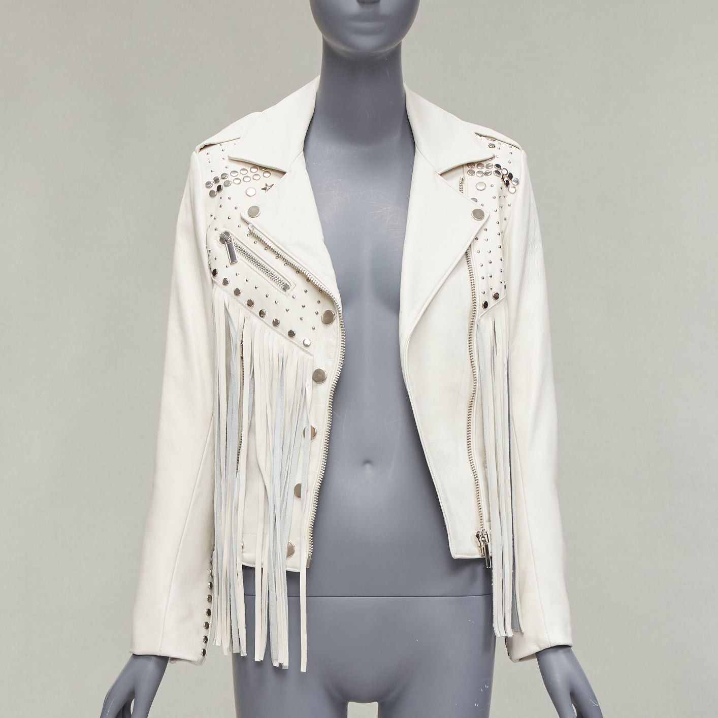 Nour Hammour NOUR HAMMOUR cream lambskin fringe silver studs western biker jacket FR34 XS Size XXS / US 00 / IT 34 - 1 Thumbnail