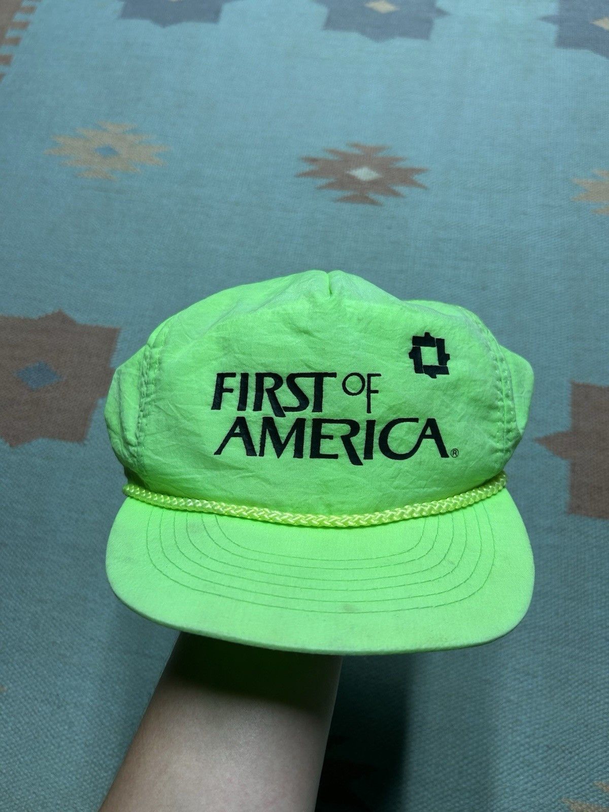 Vintage Vtg 90s SnapBack hat first of America bank hi vis neon nylon Size ONE SIZE - 2 Thumbnail