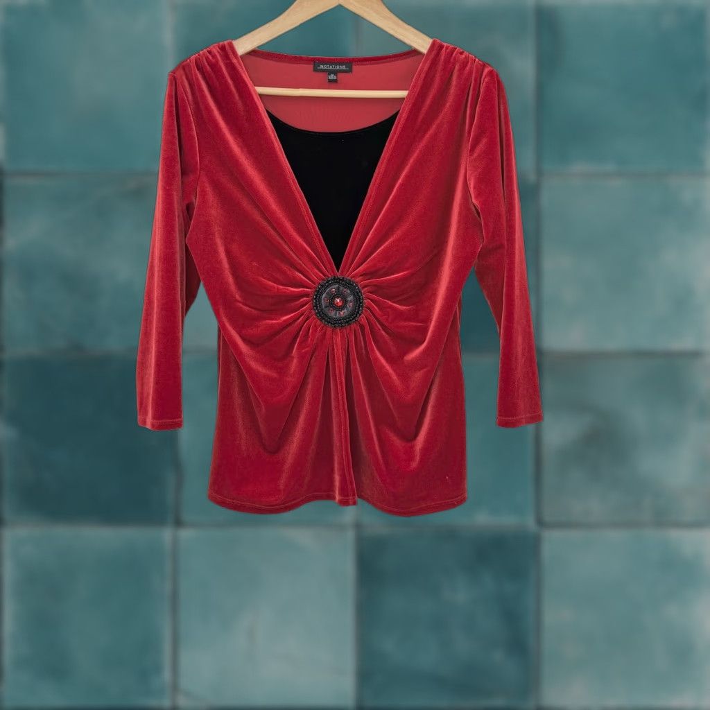 Vintage NOTATIONS Red Velvet 3/4 Sleeve V-Neck Top Blouse Women M Dressy Beaded Buckle Embellished Stretch Tunic Size M / US 6-8 / IT 42-44 - 1 Thumbnail
