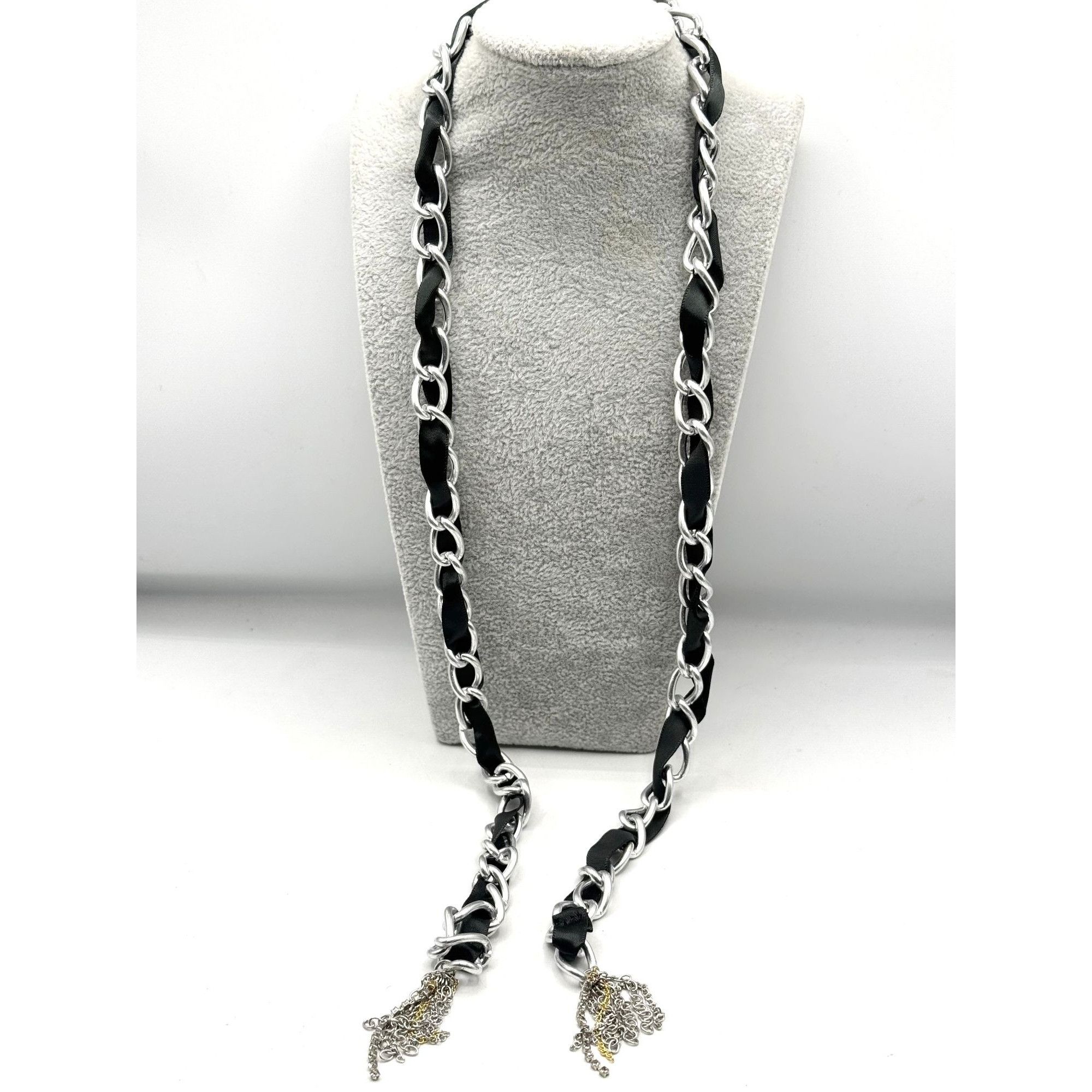 Vintage Black ribbon silver rhinestone chain lariat tassel necklace Size ONE SIZE - 3 Thumbnail