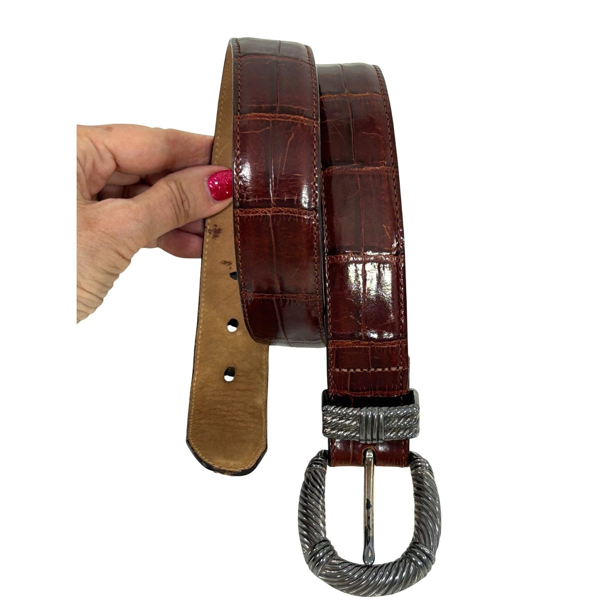 Brighton Brighton Vtg Belt S Brown Crocodile Silver Tone Twisted Rope Size ONE SIZE - 5 Thumbnail