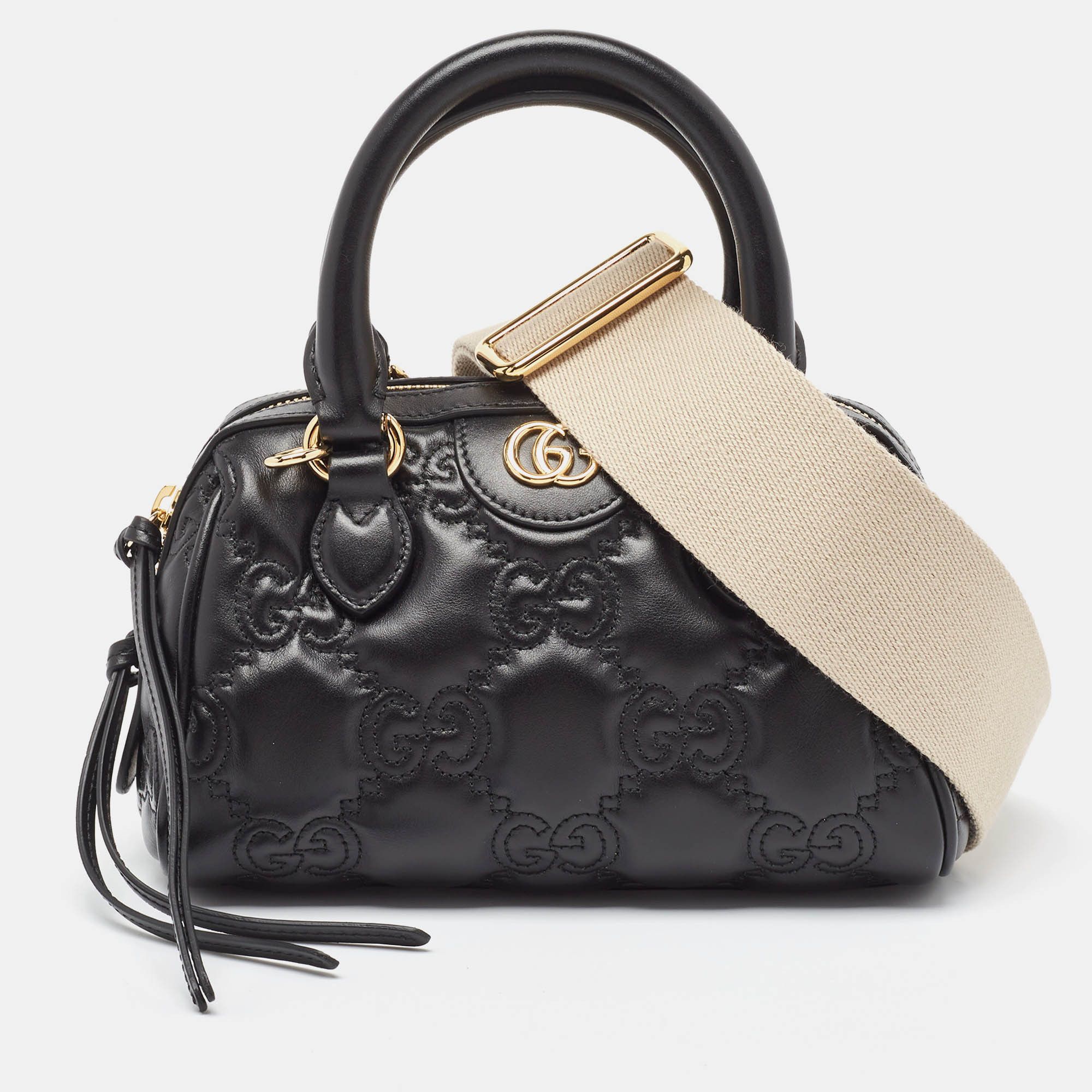 image of Gucci Black GG Matelasse Leather Mini Bowler Bag, Women's