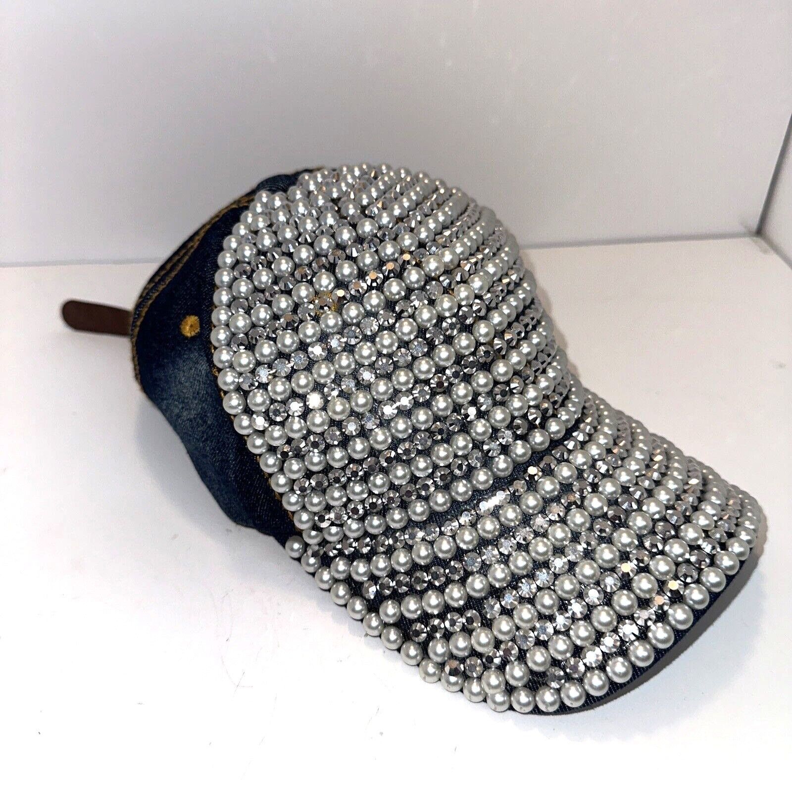 Other 29 Palms Cap Hat Faux Pearls & Rhinestone Blue Jean Leather Size ONE SIZE - 3 Thumbnail