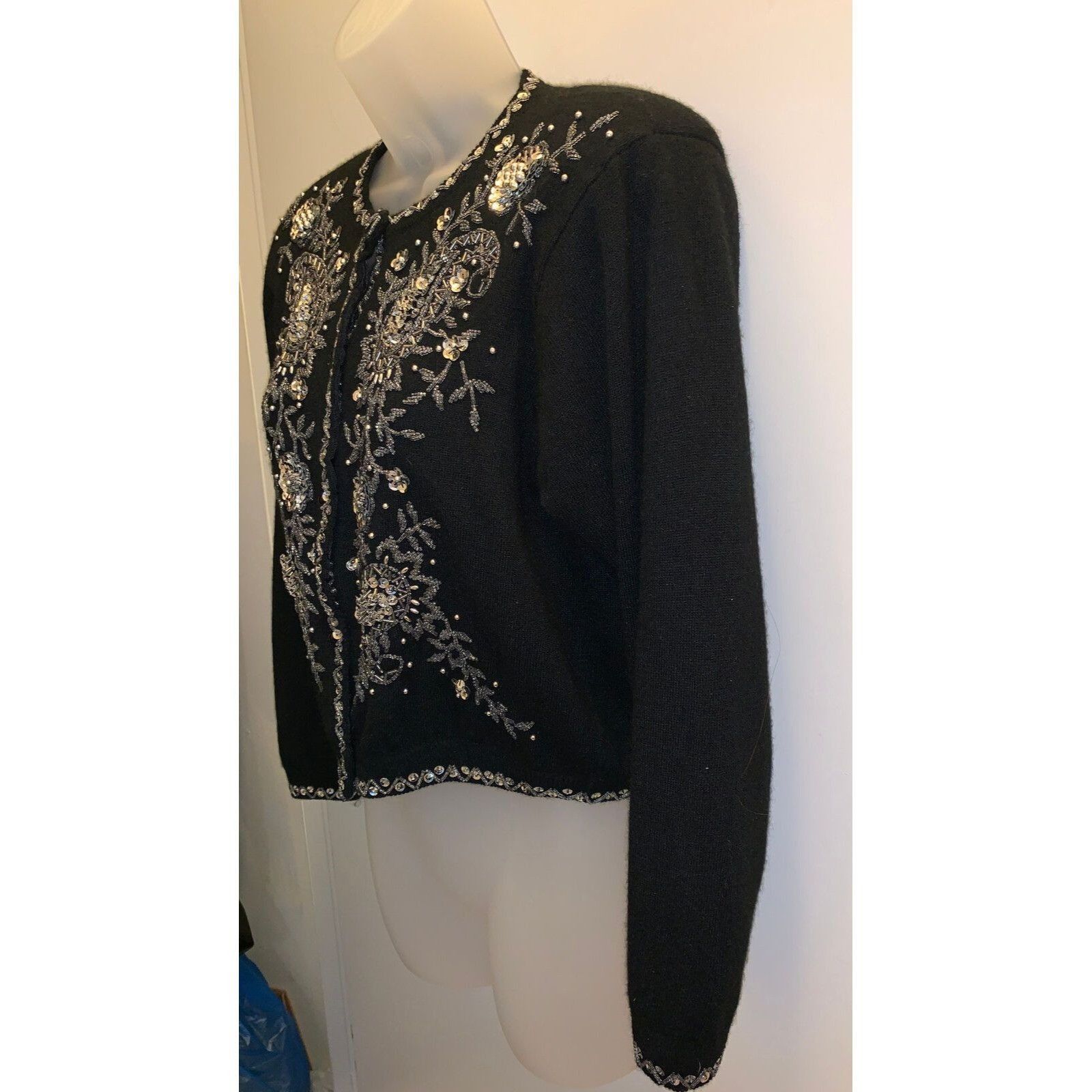 Express Vtg EXPRESS Hand Beaded Sequined Black Angora/Lambswool Card Size S / US 4 / IT 40 - 3 Thumbnail