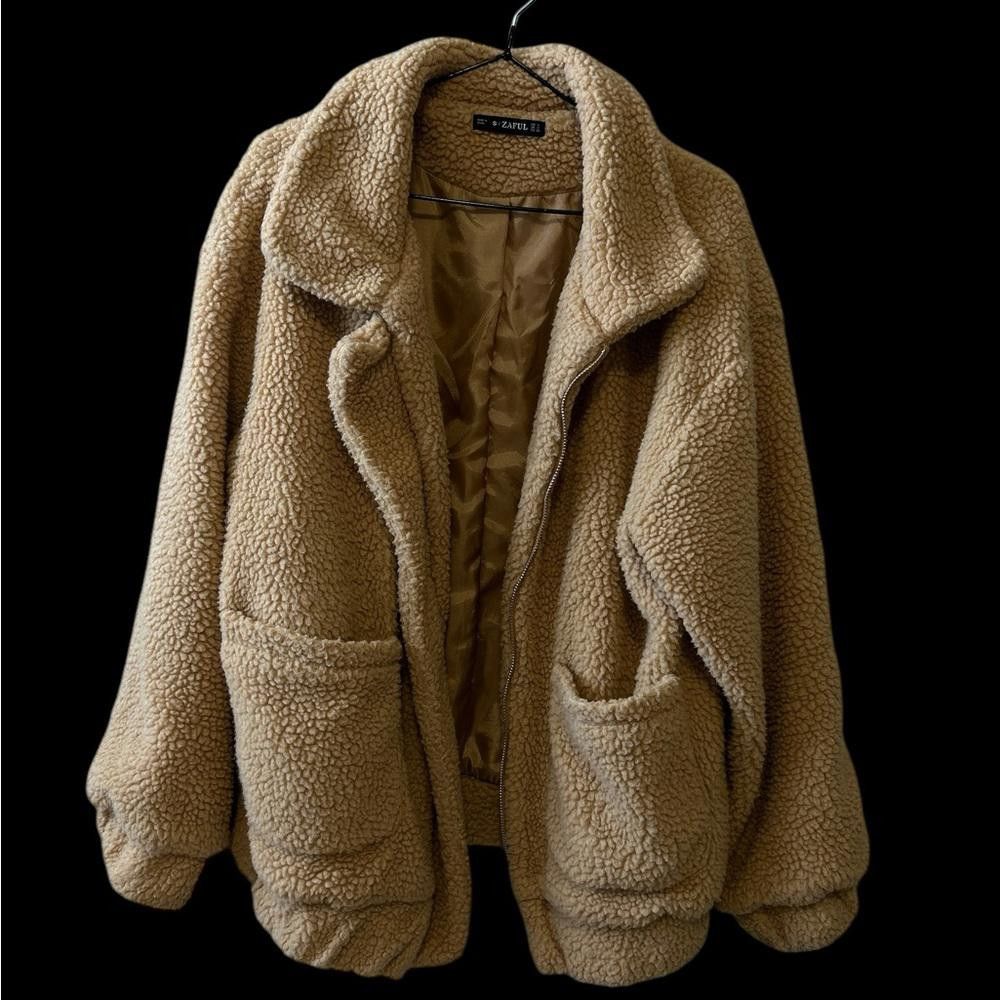Designer ZAFUL Tan Teddy Fleece oversized Jacket Size S / US 4 / IT 40 - 1 Thumbnail