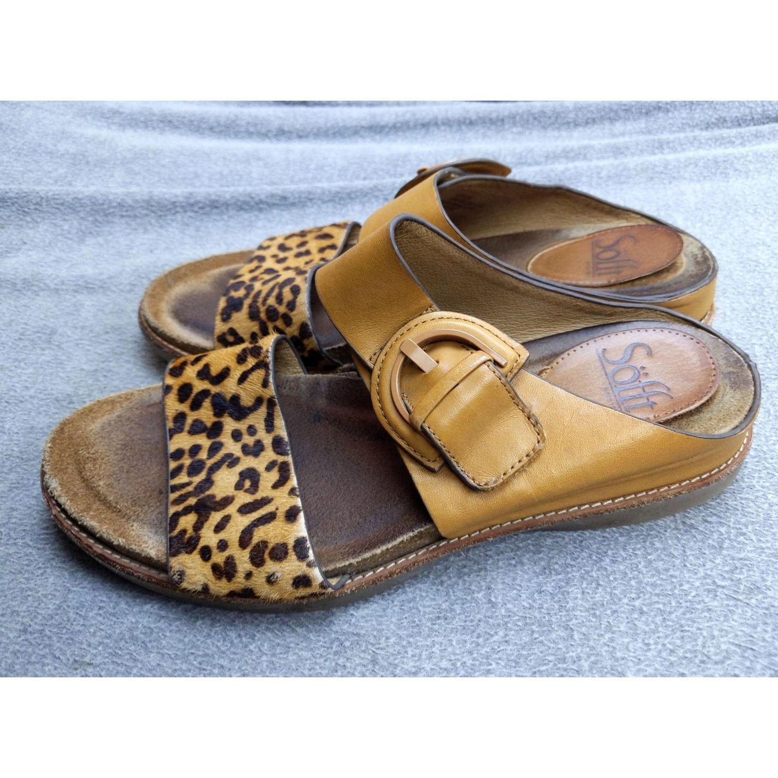 Vintage Sofft Sandals Womens 8 Slide Leopard Haircalf Leather Buckle Brown Leather Open Toe Cushioned Footbed Size US 8 / IT 38 - 2 Thumbnail
