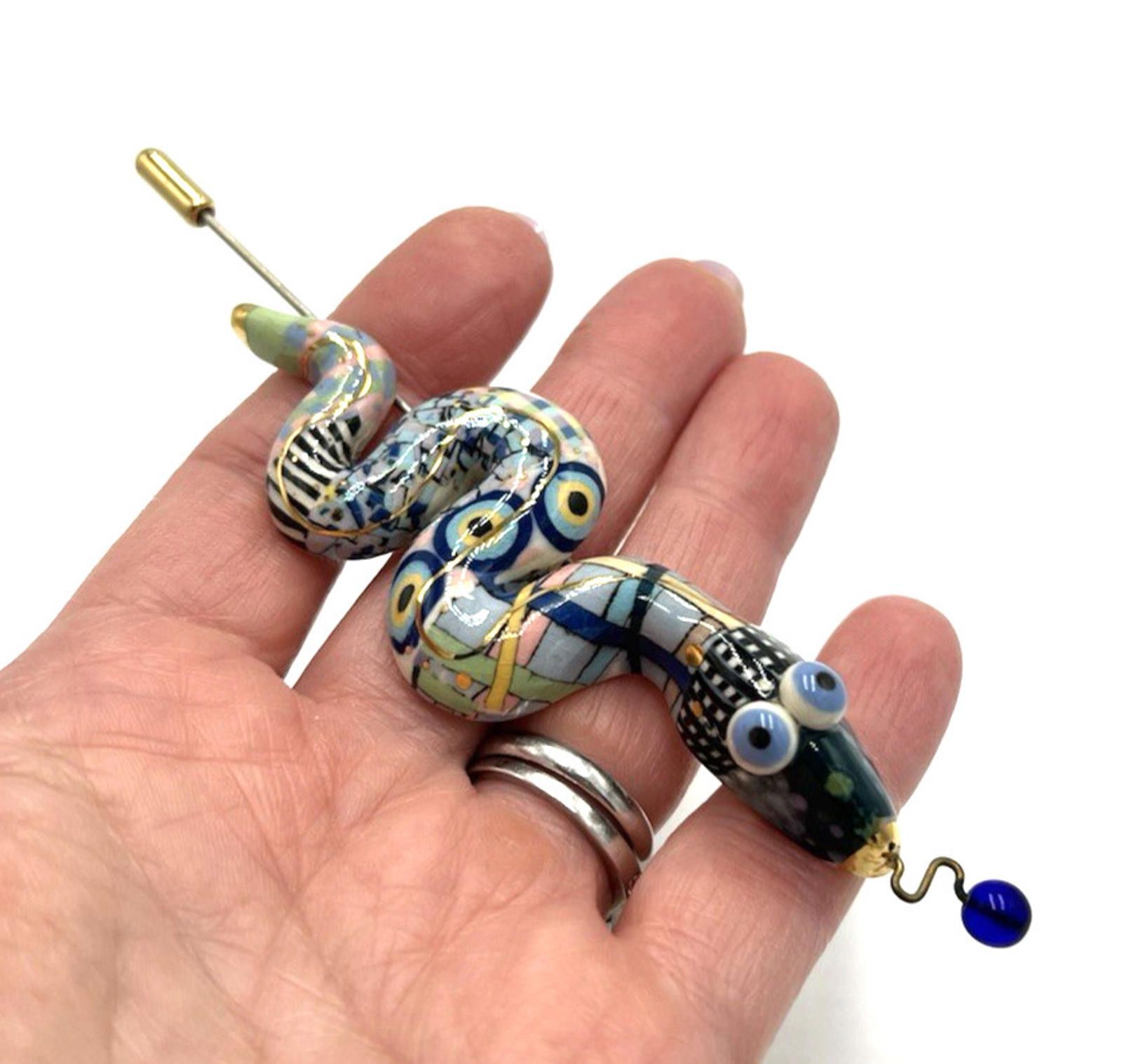 Other Cynthia Chuang Porcelain Checkered Whimsical Snake Stick Pin Size ONE SIZE - 3 Thumbnail