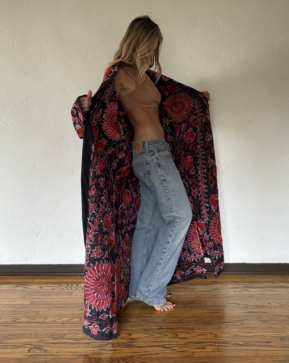 Handmade Turkish Red Black Handmade Embroidered Full Length Kaftan Size ONE SIZE - 7 Thumbnail